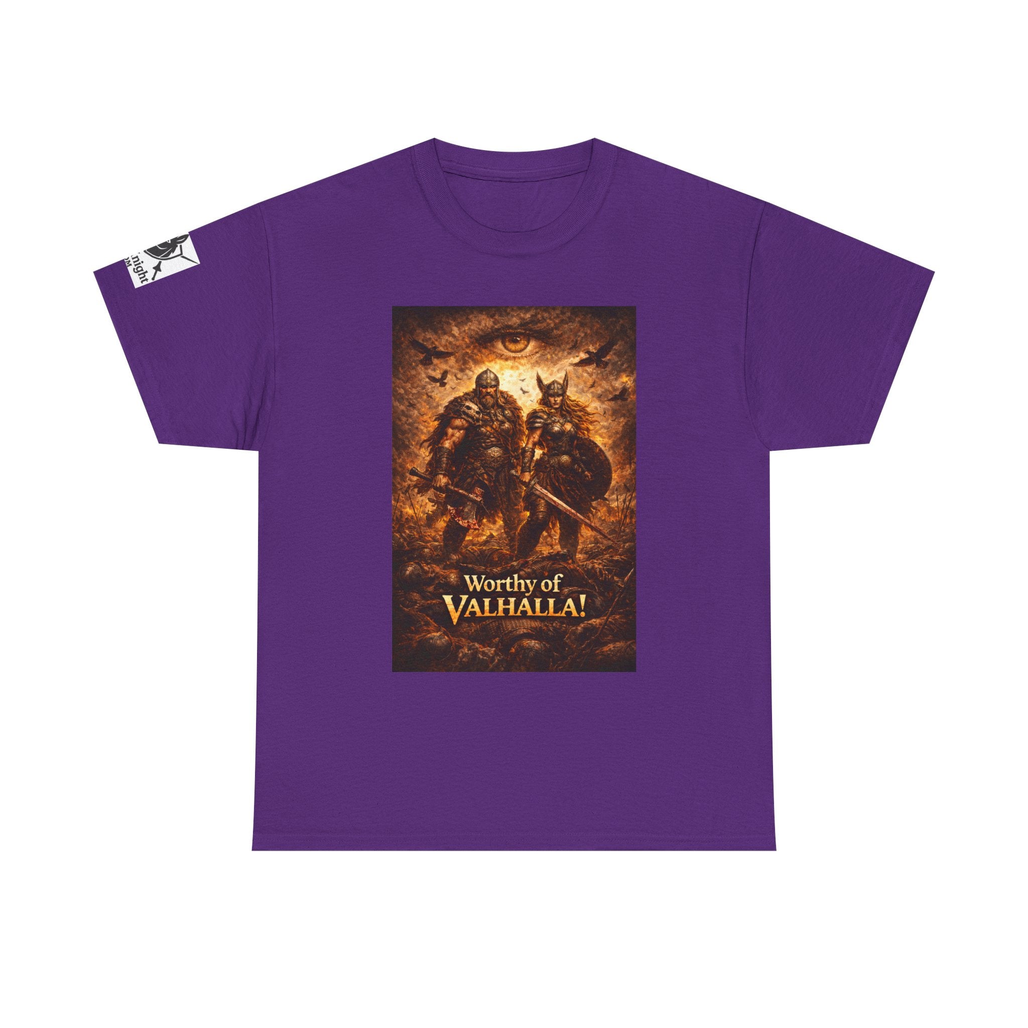 Viking shirt - Viking man and woman on battlefield of ravens - Text of Worthy of Valhalla!   Viking tee