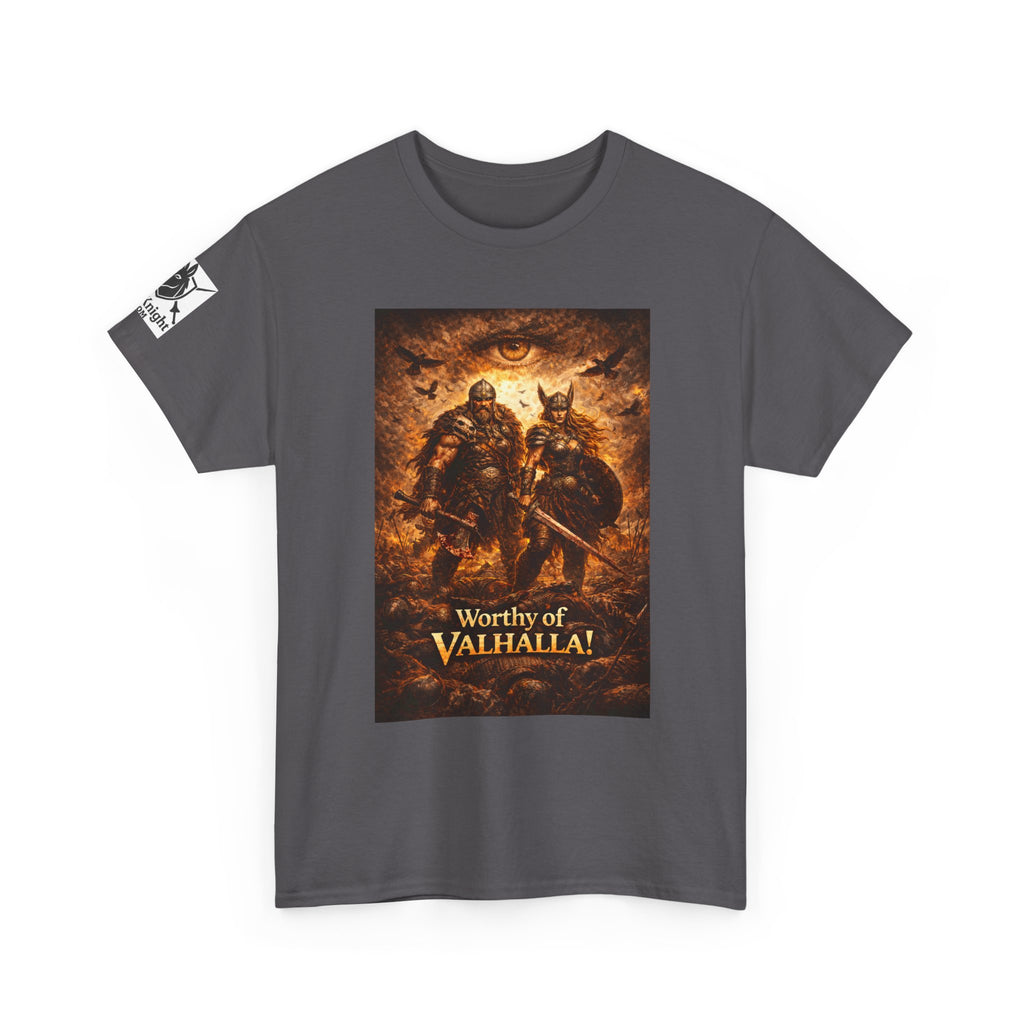 Viking shirt - Viking man and woman on battlefield of ravens - Text of Worthy of Valhalla!   Viking tee