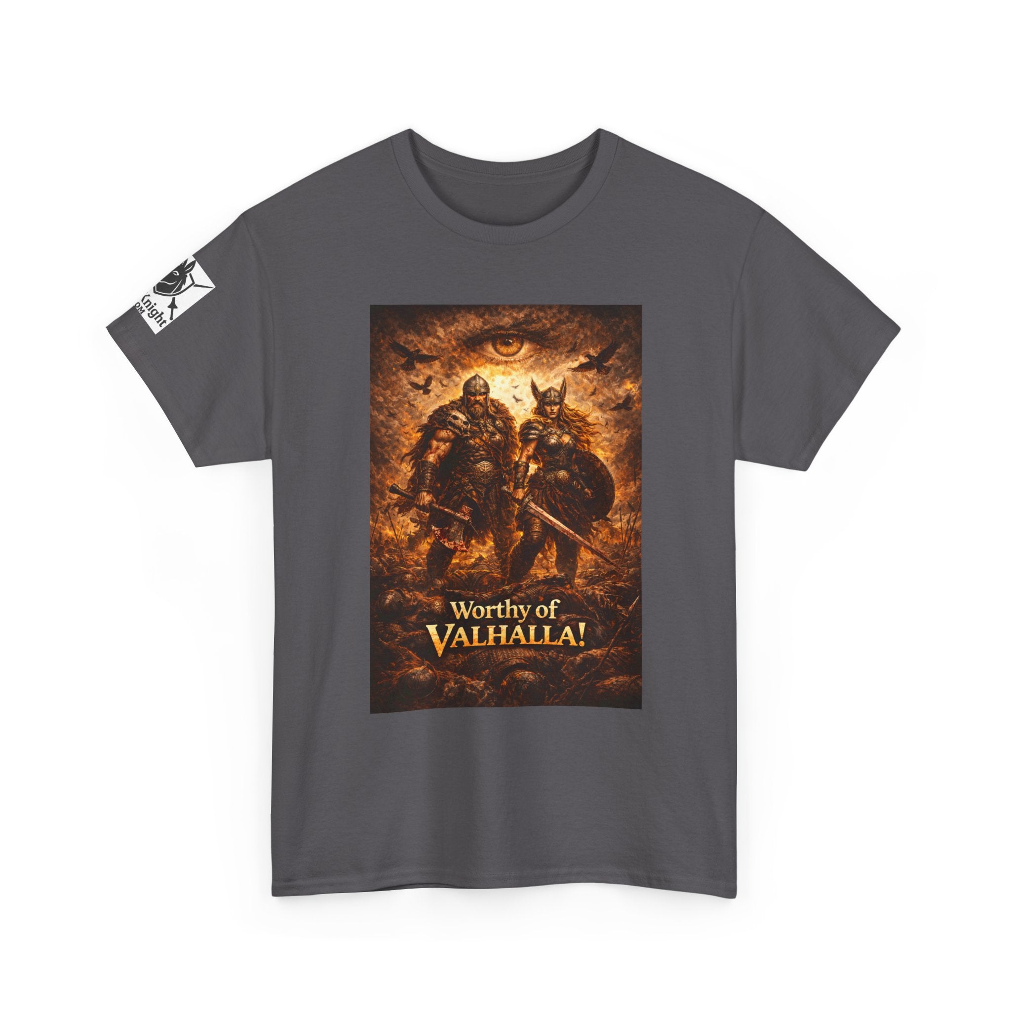 Viking shirt - Viking man and woman on battlefield of ravens - Text of Worthy of Valhalla!   Viking tee