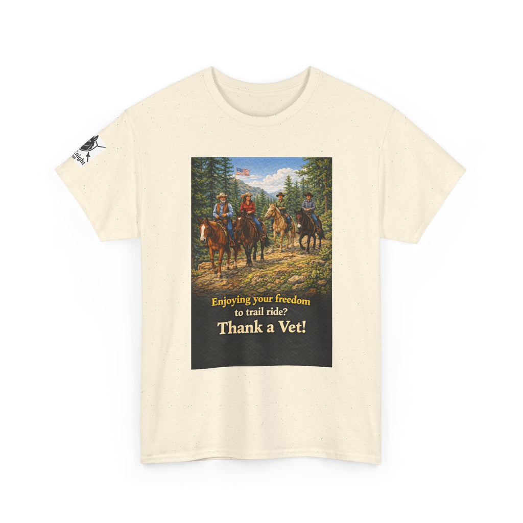 Horse trail Rider Retro Graphic Tee - "Enjoying your freedom to trail ride?  Thank a Vet!"
