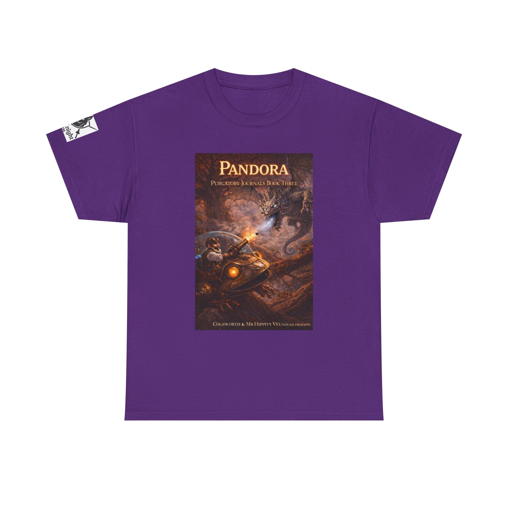 Pandora Cogsworth & Mr Hippty Vs Undead Dragon on Front - Pandora book cover on back -Purgatory Journals Book 3 -  Graphic Tee — Fantasy Novel tee