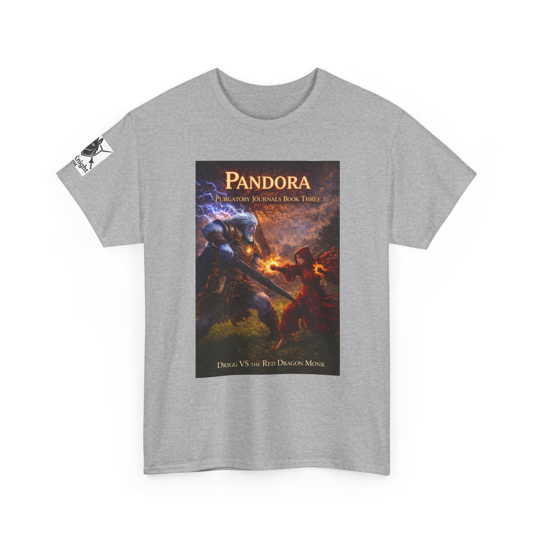 Pandora Drigg Vs Red Dragon Monk on Front - Pandora book cover on back -Purgatory Journals Book 3 -  Graphic Tee — Fantasy Novel tee