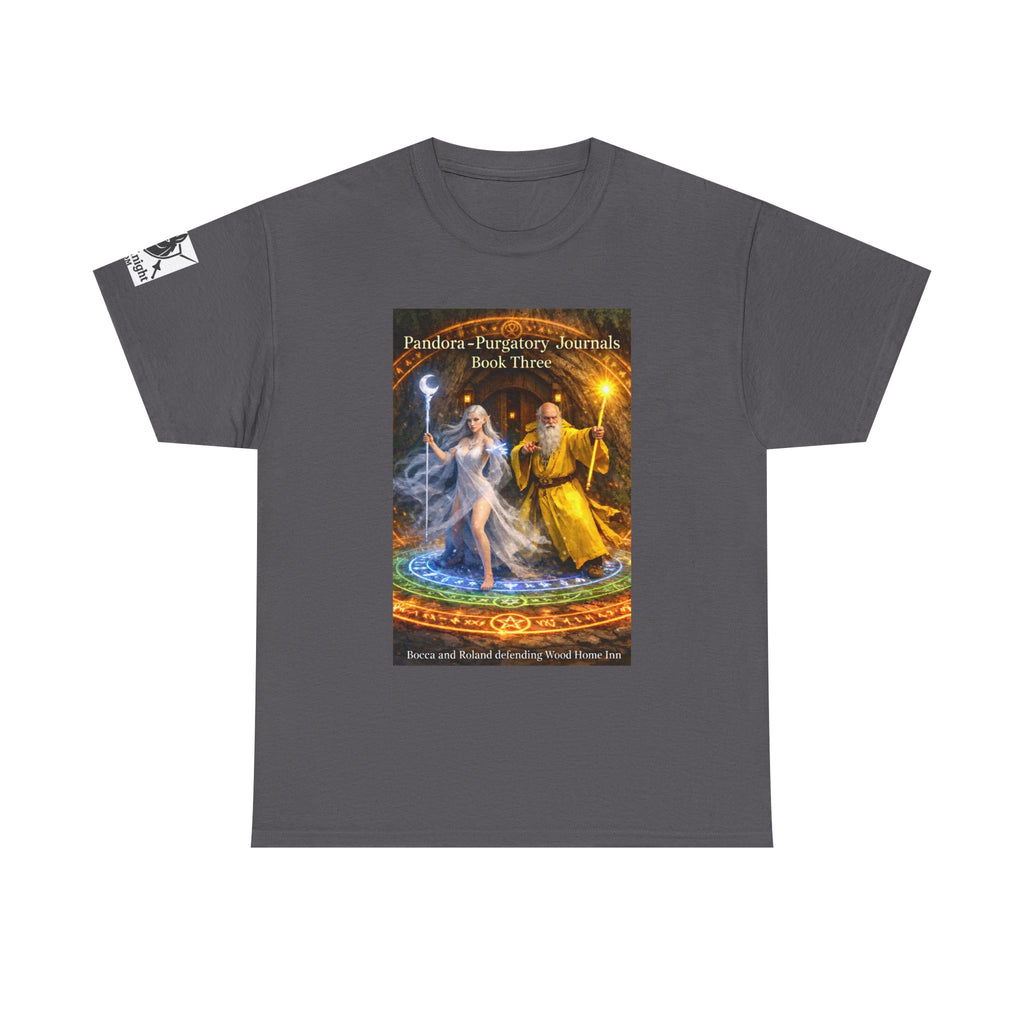 Pandora Bocca and Roland Defending Wood Home on Front - Pandora book cover on back -Purgatory Journals Book 3 -  Graphic Tee — Fantasy Novel tee