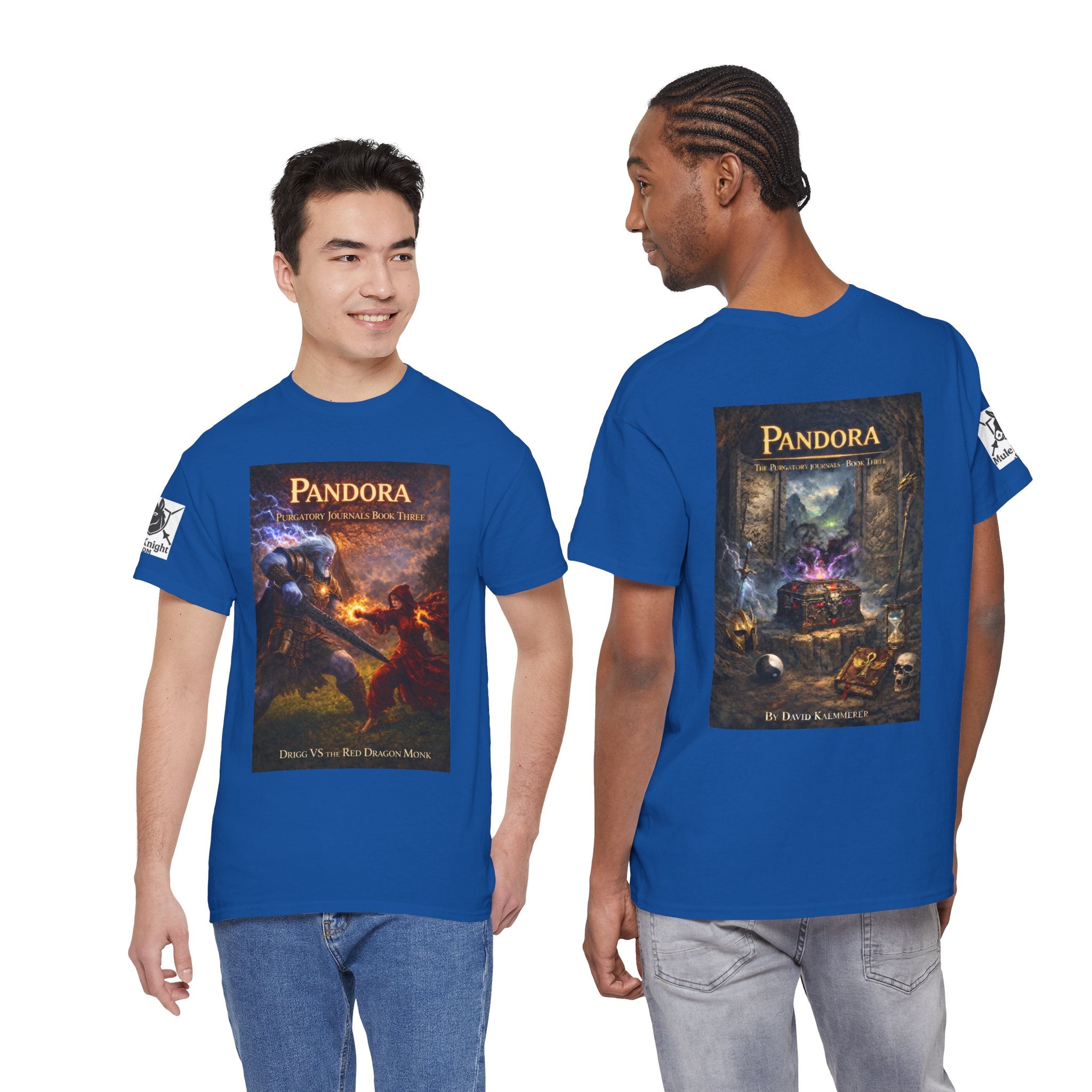 Pandora Drigg Vs Red Dragon Monk on Front - Pandora book cover on back -Purgatory Journals Book 3 -  Graphic Tee — Fantasy Novel tee