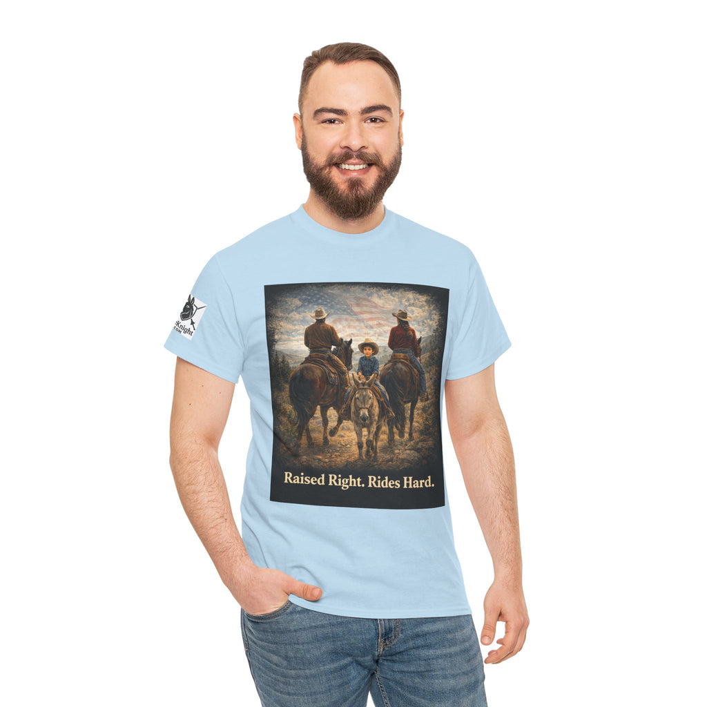 Raised Right Rides Hard USA Flag T-Shirt — Cowboy Landscape Graphic Tee