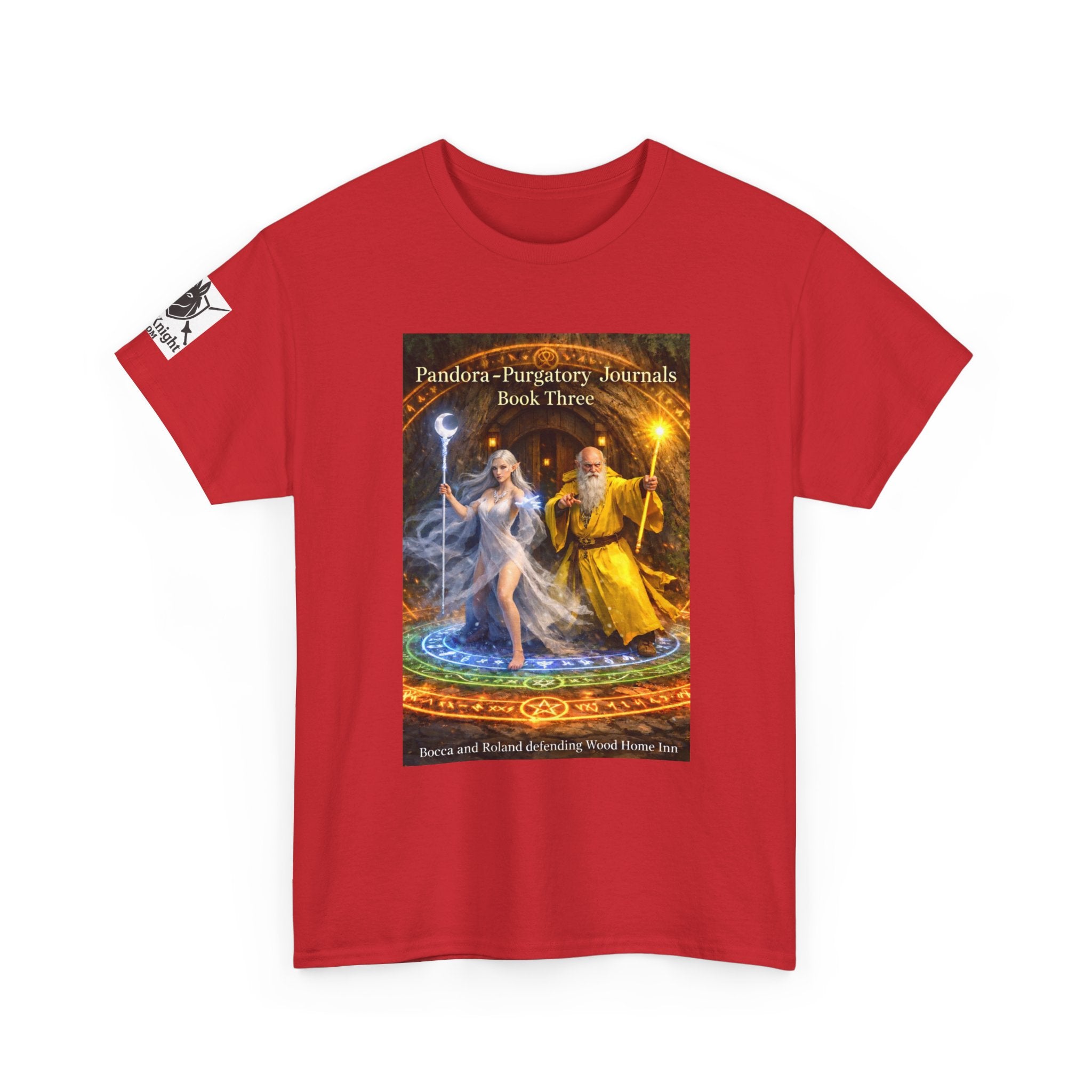 Pandora Bocca and Roland Defending Wood Home on Front - Pandora book cover on back -Purgatory Journals Book 3 -  Graphic Tee — Fantasy Novel tee