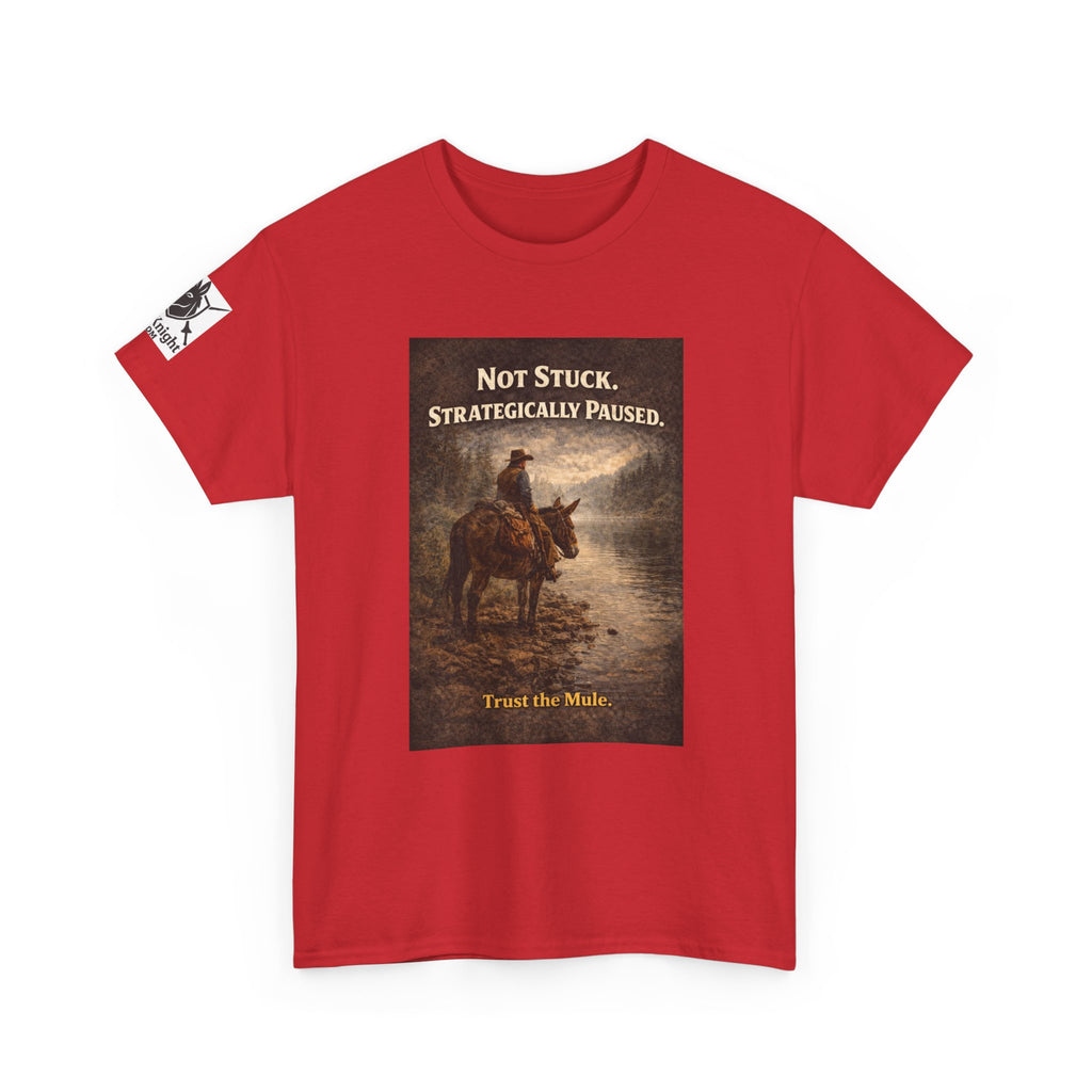 Not Stuck, Strategically Paused Mule Tee – Vintage Rider Graphic T-Shirt