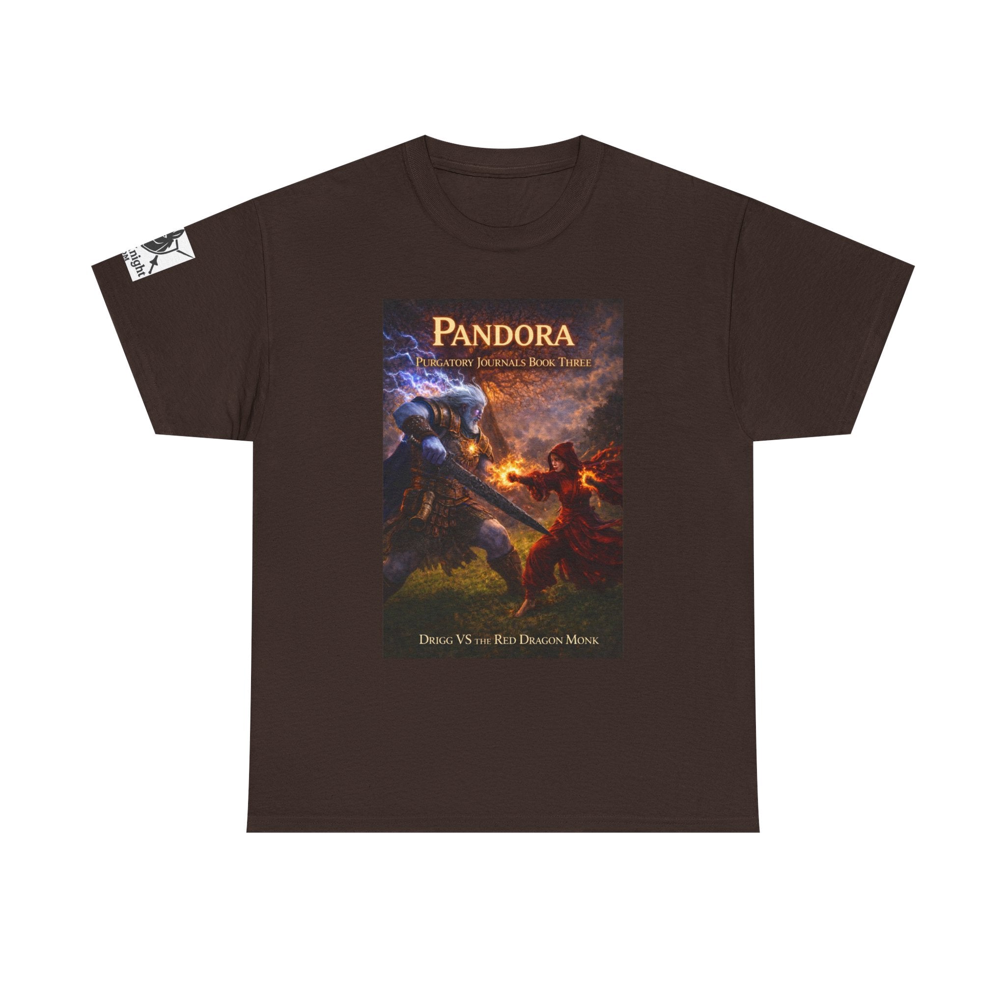 Pandora Drigg Vs Red Dragon Monk on Front - Pandora book cover on back -Purgatory Journals Book 3 -  Graphic Tee — Fantasy Novel tee