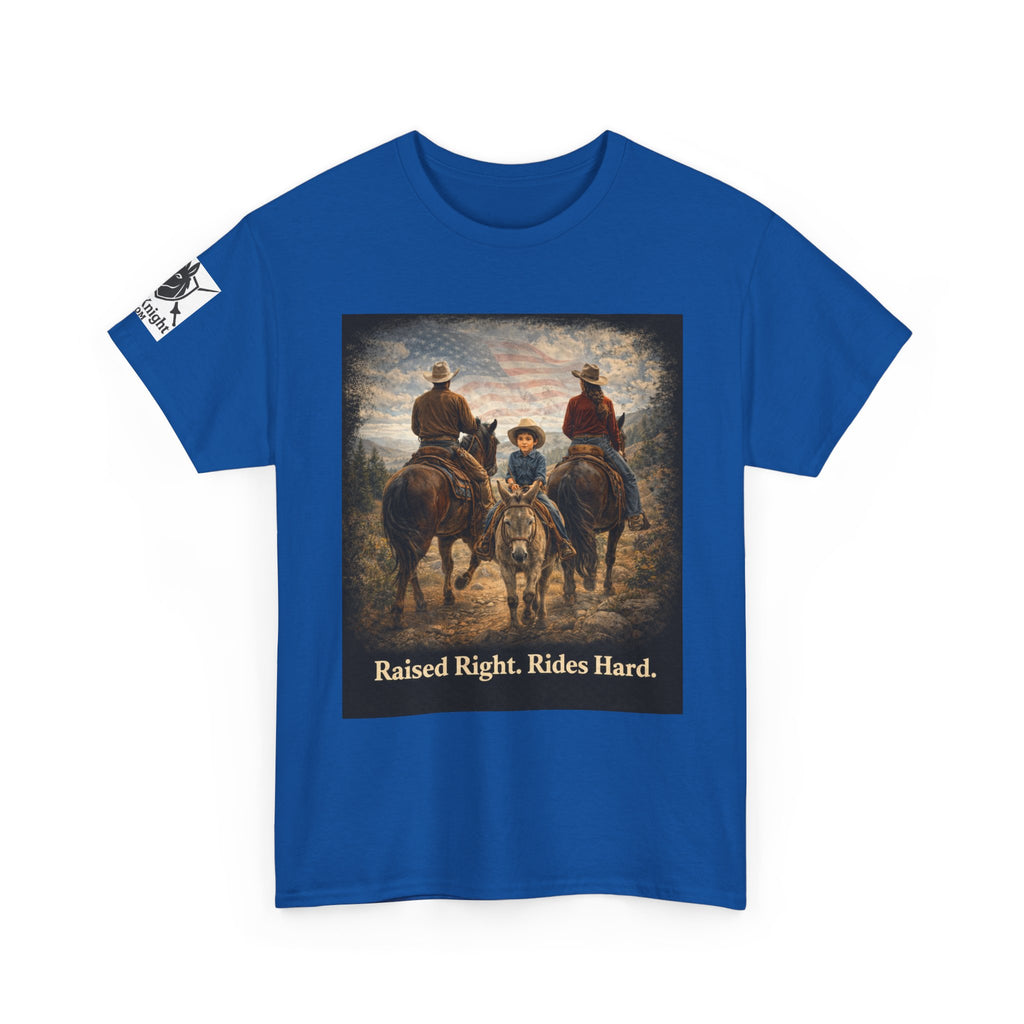 Raised Right Rides Hard USA Flag T-Shirt — Cowboy Landscape Graphic Tee
