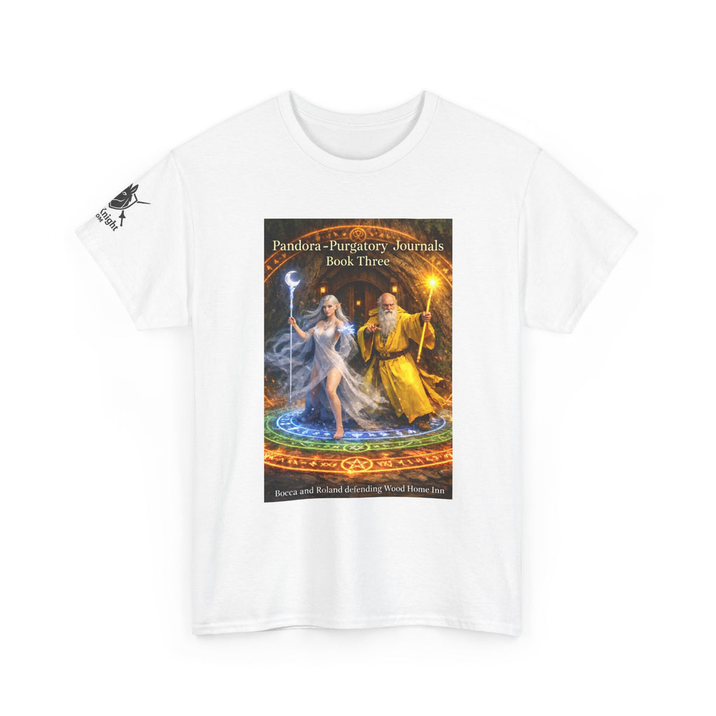Pandora Bocca and Roland Defending Wood Home on Front - Pandora book cover on back -Purgatory Journals Book 3 -  Graphic Tee — Fantasy Novel tee