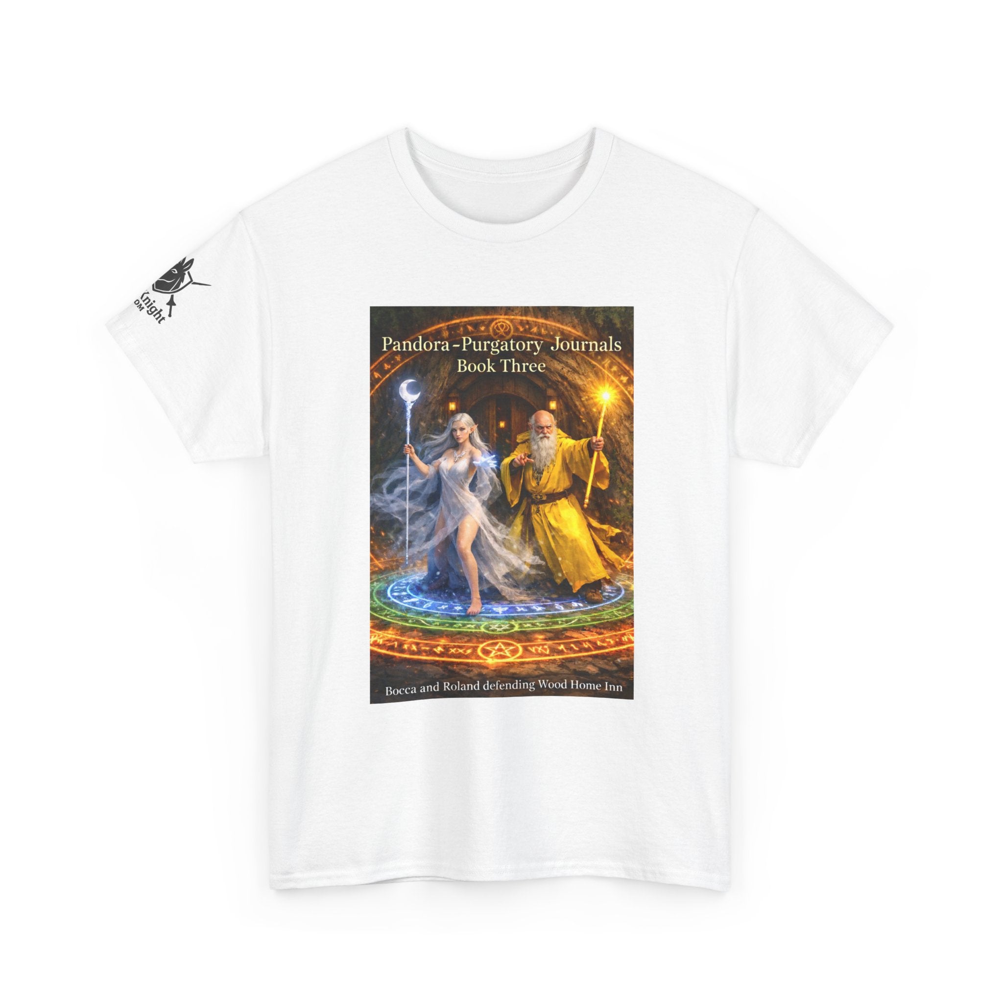 Pandora Bocca and Roland Defending Wood Home on Front - Pandora book cover on back -Purgatory Journals Book 3 -  Graphic Tee — Fantasy Novel tee