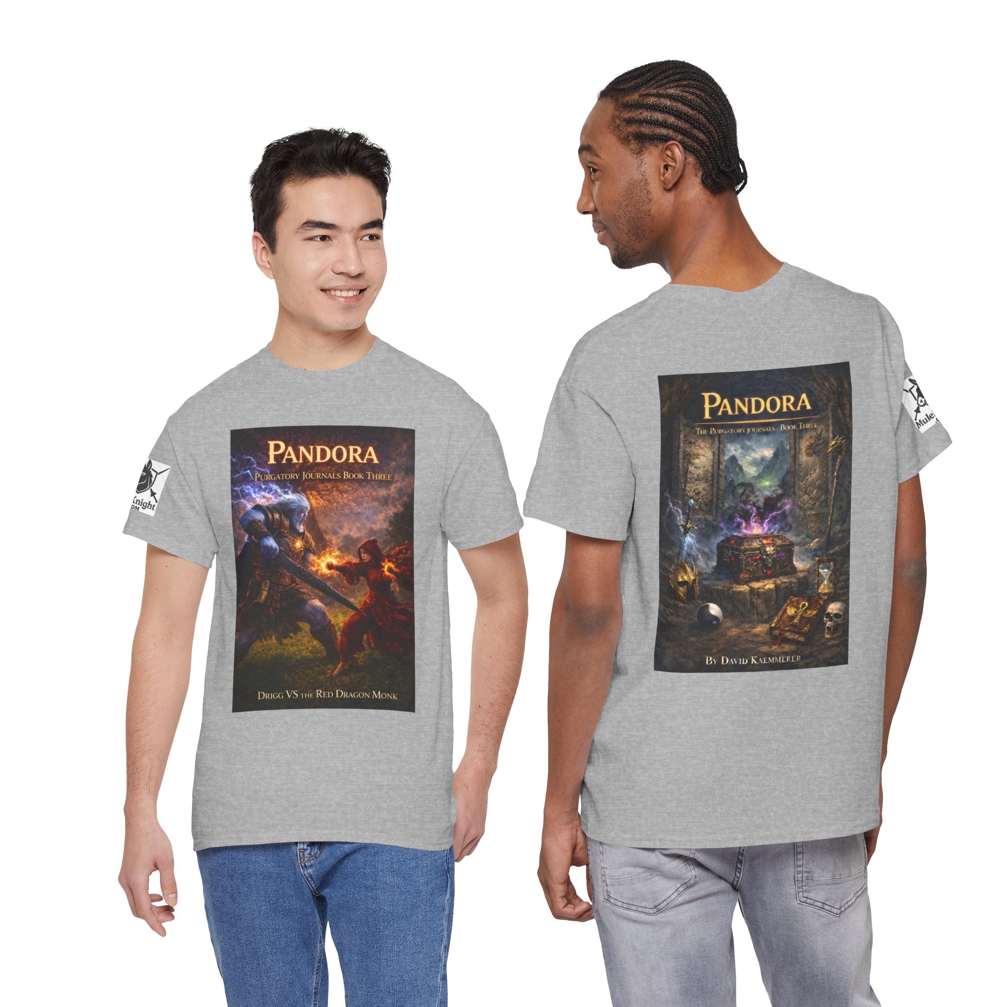 Pandora Drigg Vs Red Dragon Monk on Front - Pandora book cover on back -Purgatory Journals Book 3 -  Graphic Tee — Fantasy Novel tee