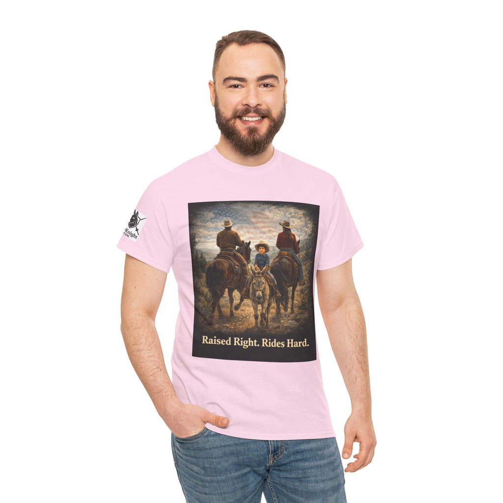 Raised Right Rides Hard USA Flag T-Shirt — Cowboy Landscape Graphic Tee