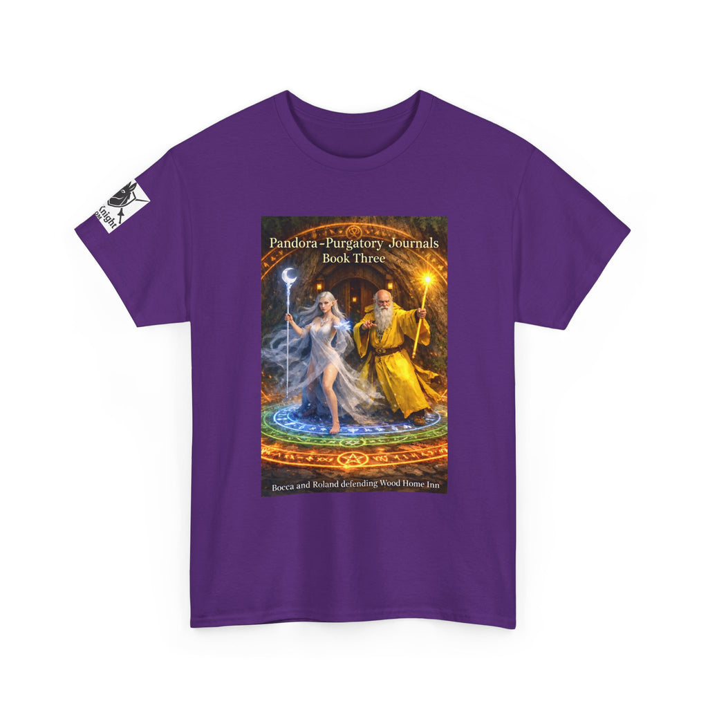 Pandora Bocca and Roland Defending Wood Home on Front - Pandora book cover on back -Purgatory Journals Book 3 -  Graphic Tee — Fantasy Novel tee