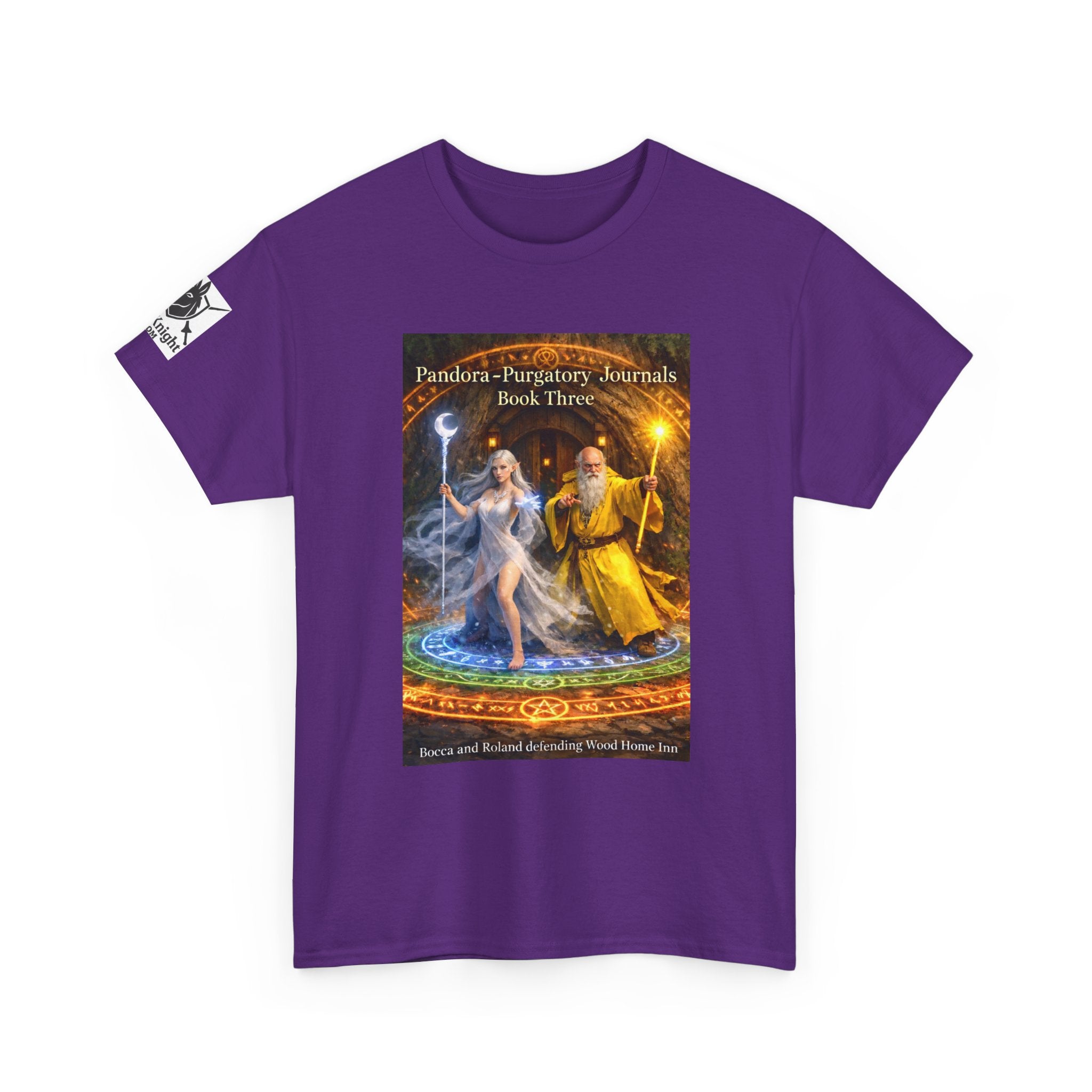 Pandora Bocca and Roland Defending Wood Home on Front - Pandora book cover on back -Purgatory Journals Book 3 -  Graphic Tee — Fantasy Novel tee