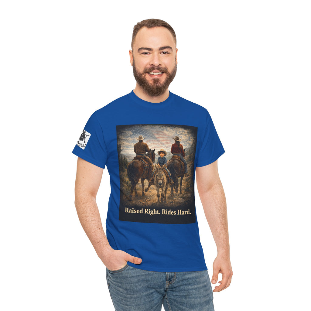 Raised Right Rides Hard USA Flag T-Shirt — Cowboy Landscape Graphic Tee