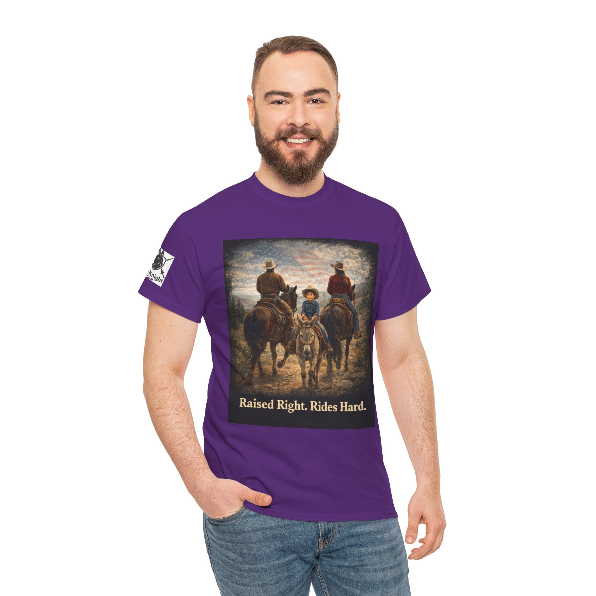 Raised Right Rides Hard USA Flag T-Shirt — Cowboy Landscape Graphic Tee