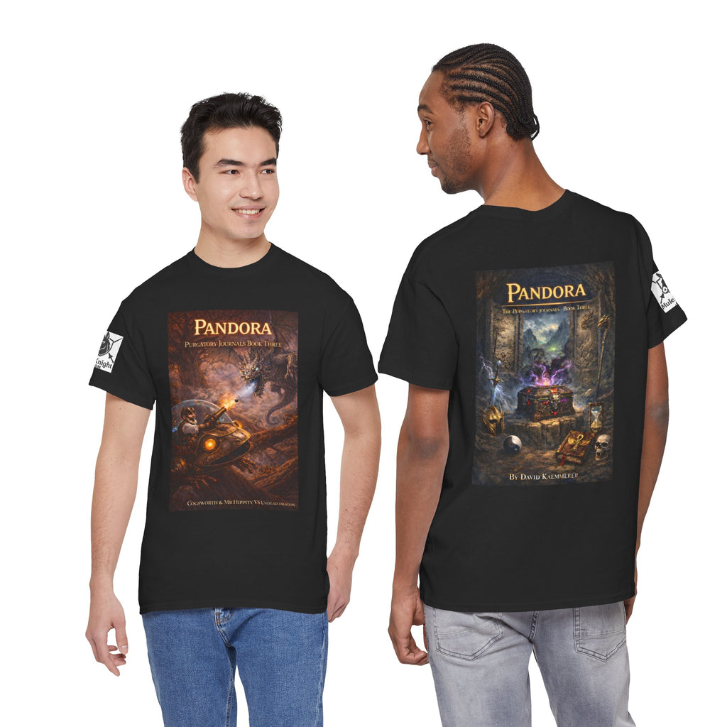 Pandora Cogsworth & Mr Hippty Vs Undead Dragon on Front - Pandora book cover on back -Purgatory Journals Book 3 -  Graphic Tee — Fantasy Novel tee