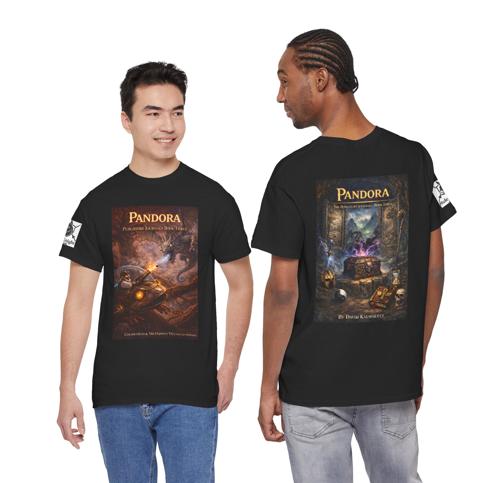 Pandora Cogsworth & Mr Hippty Vs Undead Dragon on Front - Pandora book cover on back -Purgatory Journals Book 3 -  Graphic Tee — Fantasy Novel tee