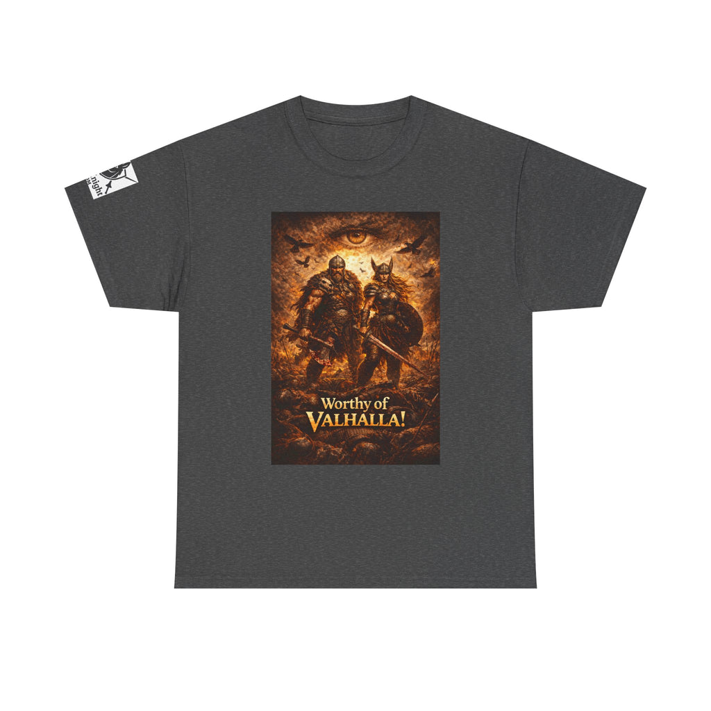 Viking shirt - Viking man and woman on battlefield of ravens - Text of Worthy of Valhalla!   Viking tee