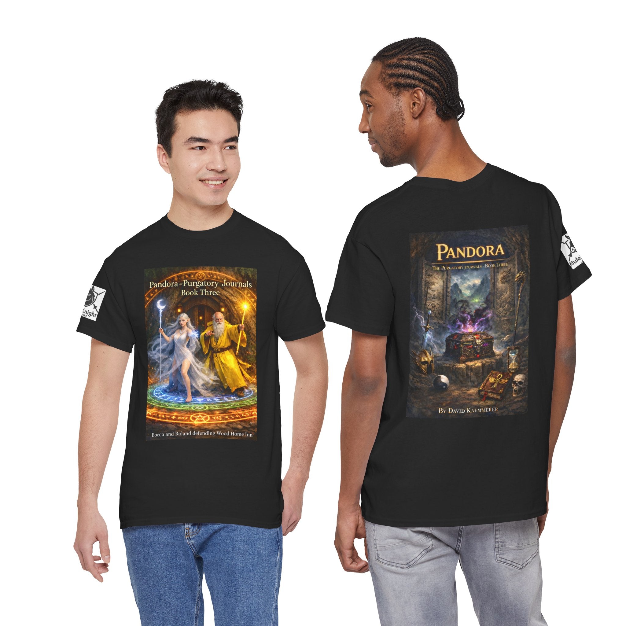 Pandora Bocca and Roland Defending Wood Home on Front - Pandora book cover on back -Purgatory Journals Book 3 -  Graphic Tee — Fantasy Novel tee