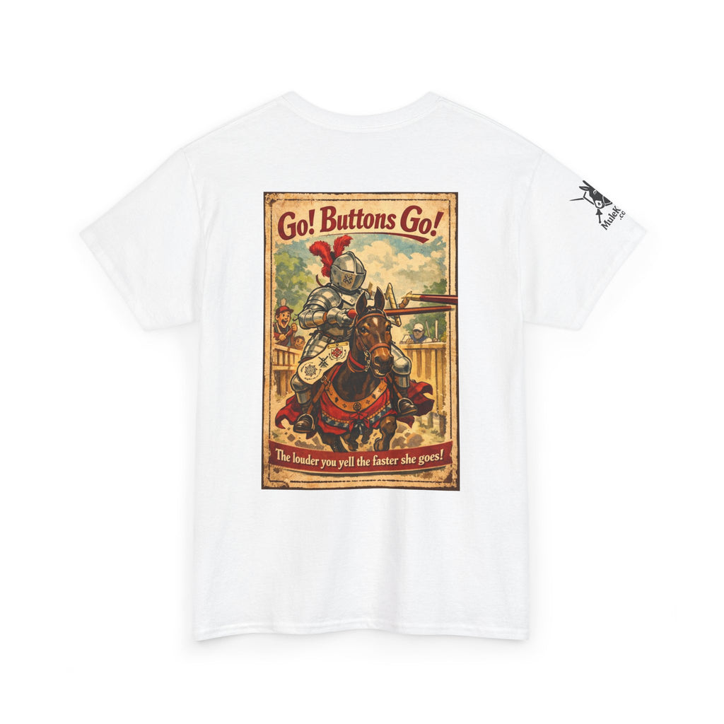 Vintage ‘Go! Buttons Go!’ Knight Graphic Tee — Retro Medieval T-Shirt