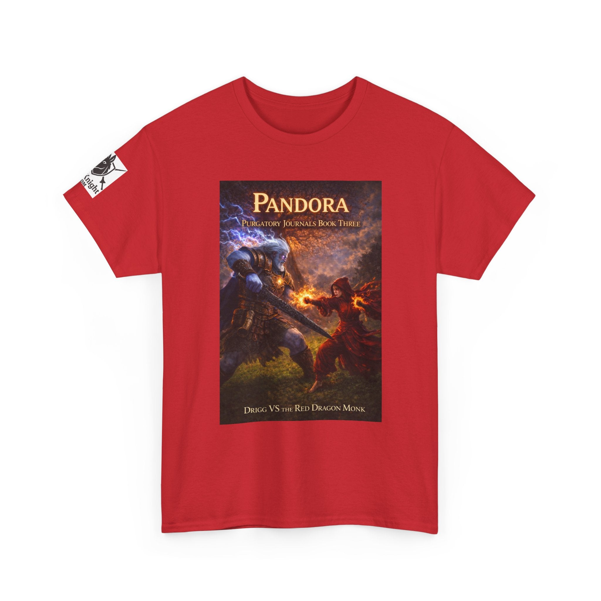 Pandora Drigg Vs Red Dragon Monk on Front - Pandora book cover on back -Purgatory Journals Book 3 -  Graphic Tee — Fantasy Novel tee