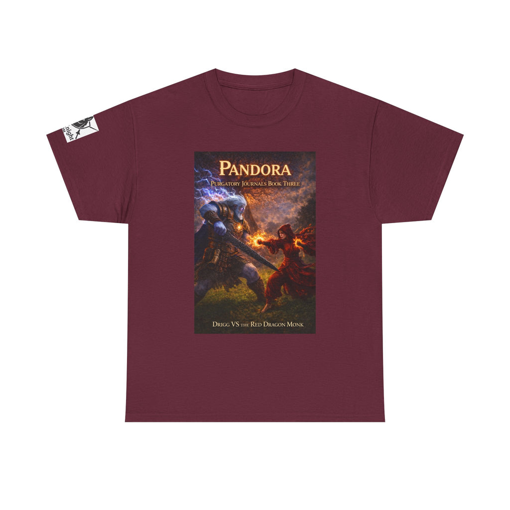 Pandora Drigg Vs Red Dragon Monk on Front - Pandora book cover on back -Purgatory Journals Book 3 -  Graphic Tee — Fantasy Novel tee