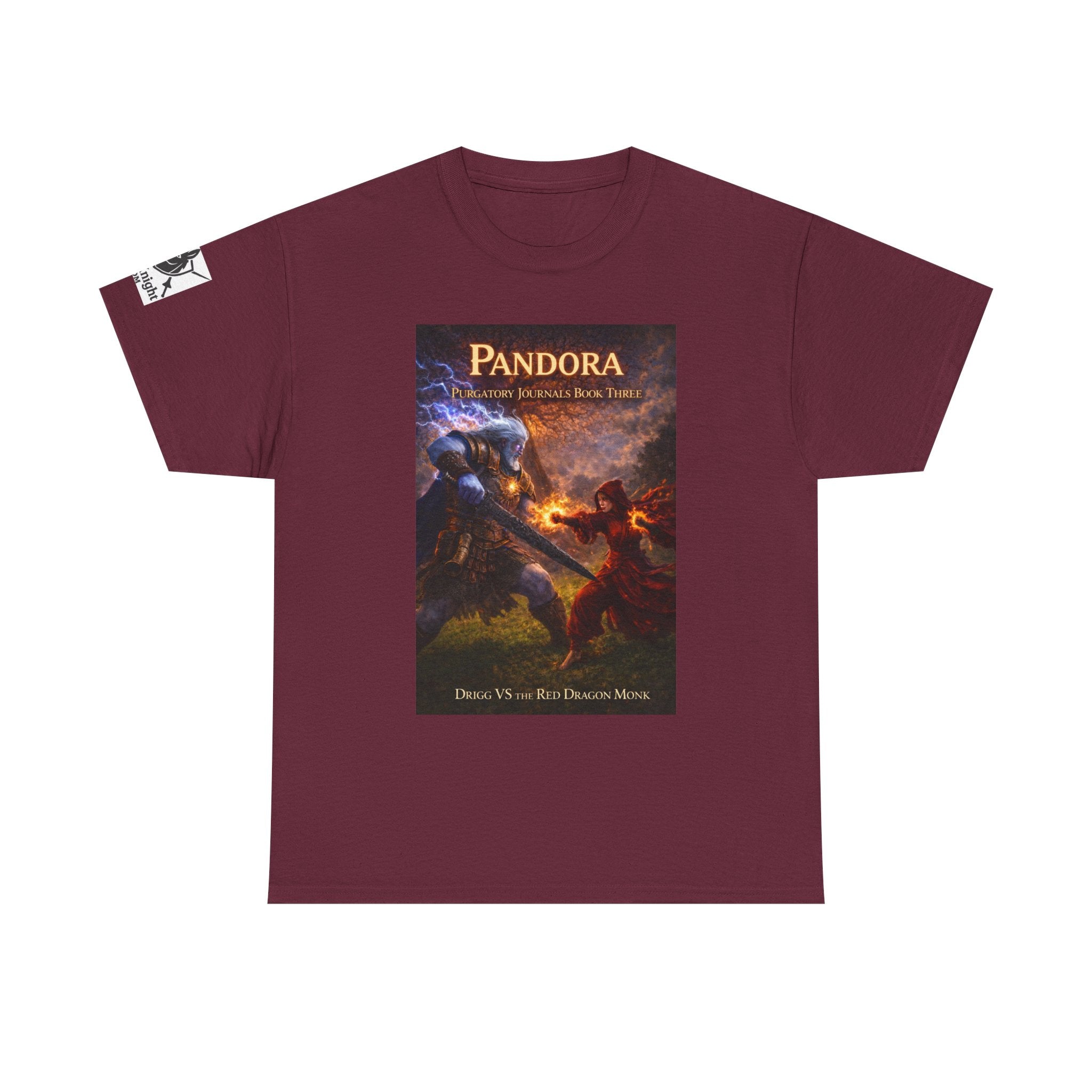 Pandora Drigg Vs Red Dragon Monk on Front - Pandora book cover on back -Purgatory Journals Book 3 -  Graphic Tee — Fantasy Novel tee