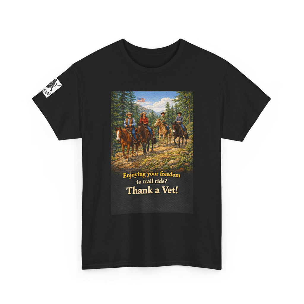 Horse trail Rider Retro Graphic Tee - "Enjoying your freedom to trail ride?  Thank a Vet!"