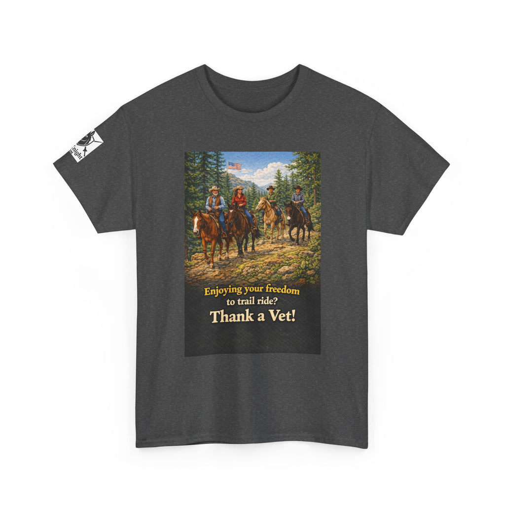 Horse trail Rider Retro Graphic Tee - "Enjoying your freedom to trail ride?  Thank a Vet!"