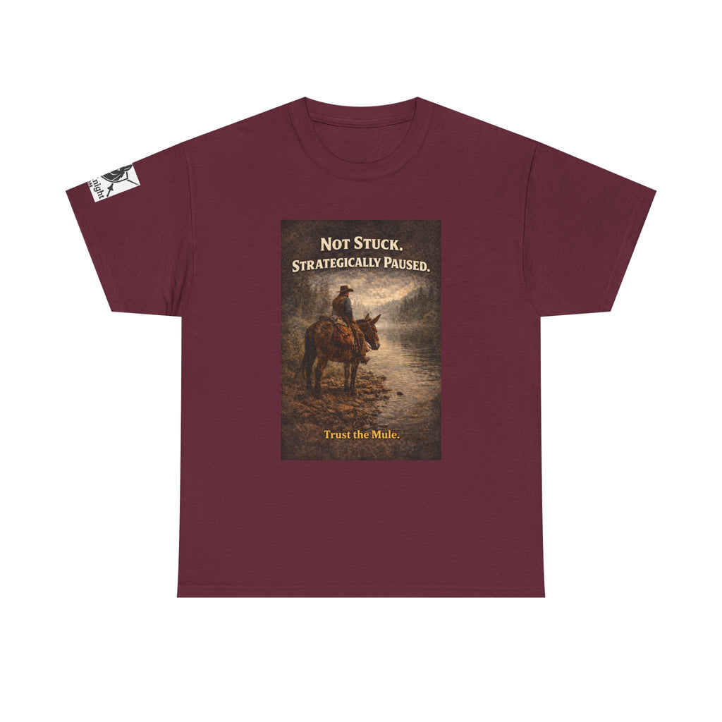 Not Stuck, Strategically Paused Mule Tee – Vintage Rider Graphic T-Shirt