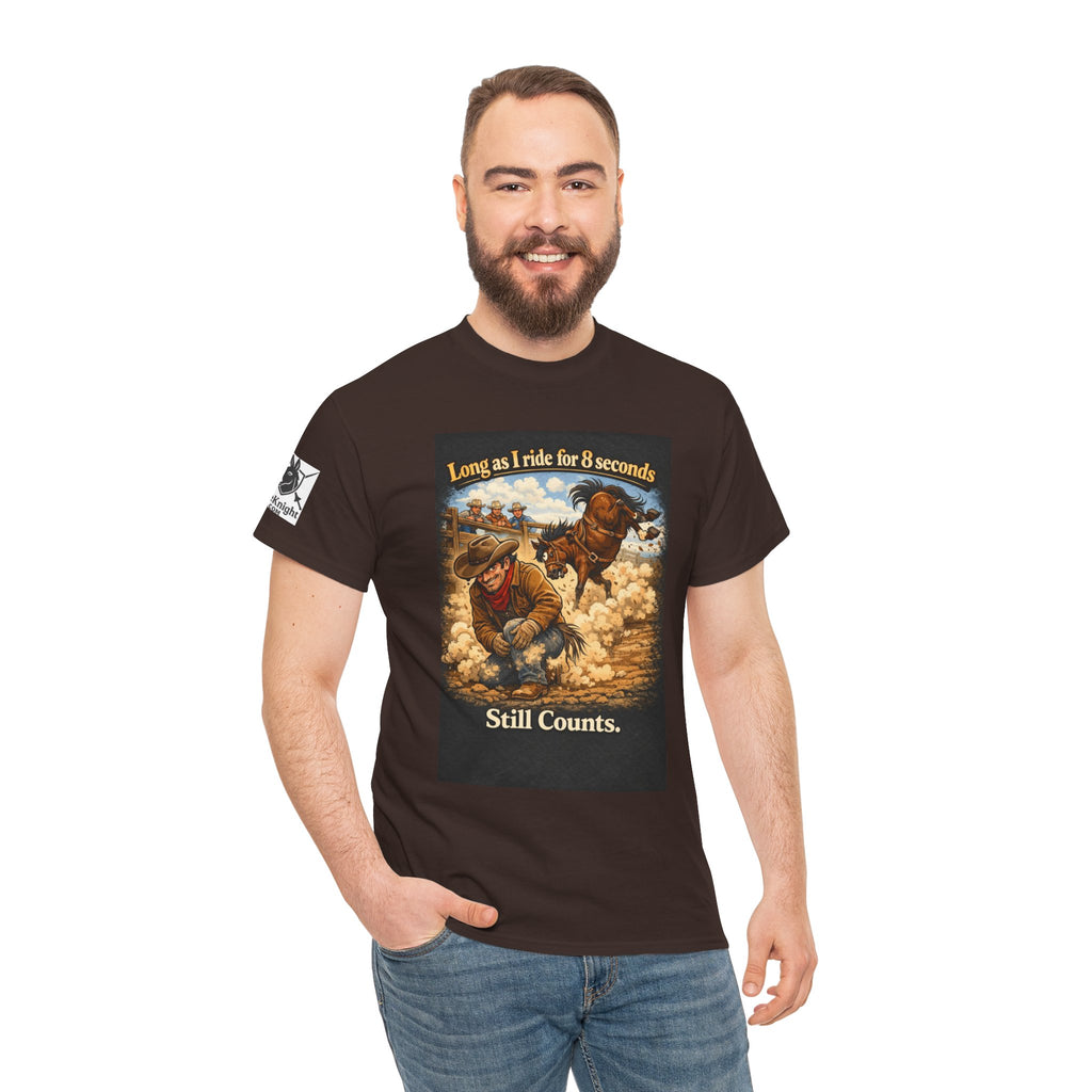 Rodeo As long as I ride 8 seconds - Still Counts T-Shirt — Cowboy Landscape Graphic Tee