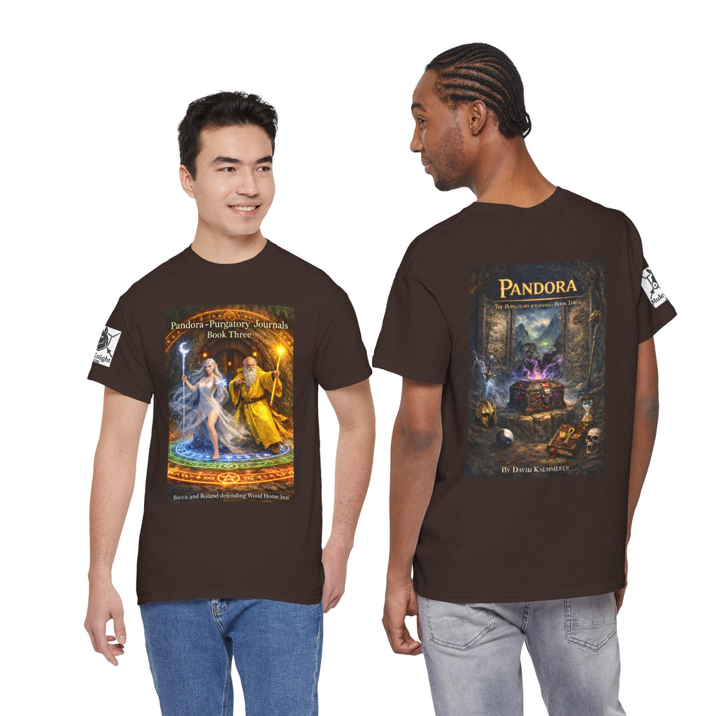 Pandora Bocca and Roland Defending Wood Home on Front - Pandora book cover on back -Purgatory Journals Book 3 -  Graphic Tee — Fantasy Novel tee