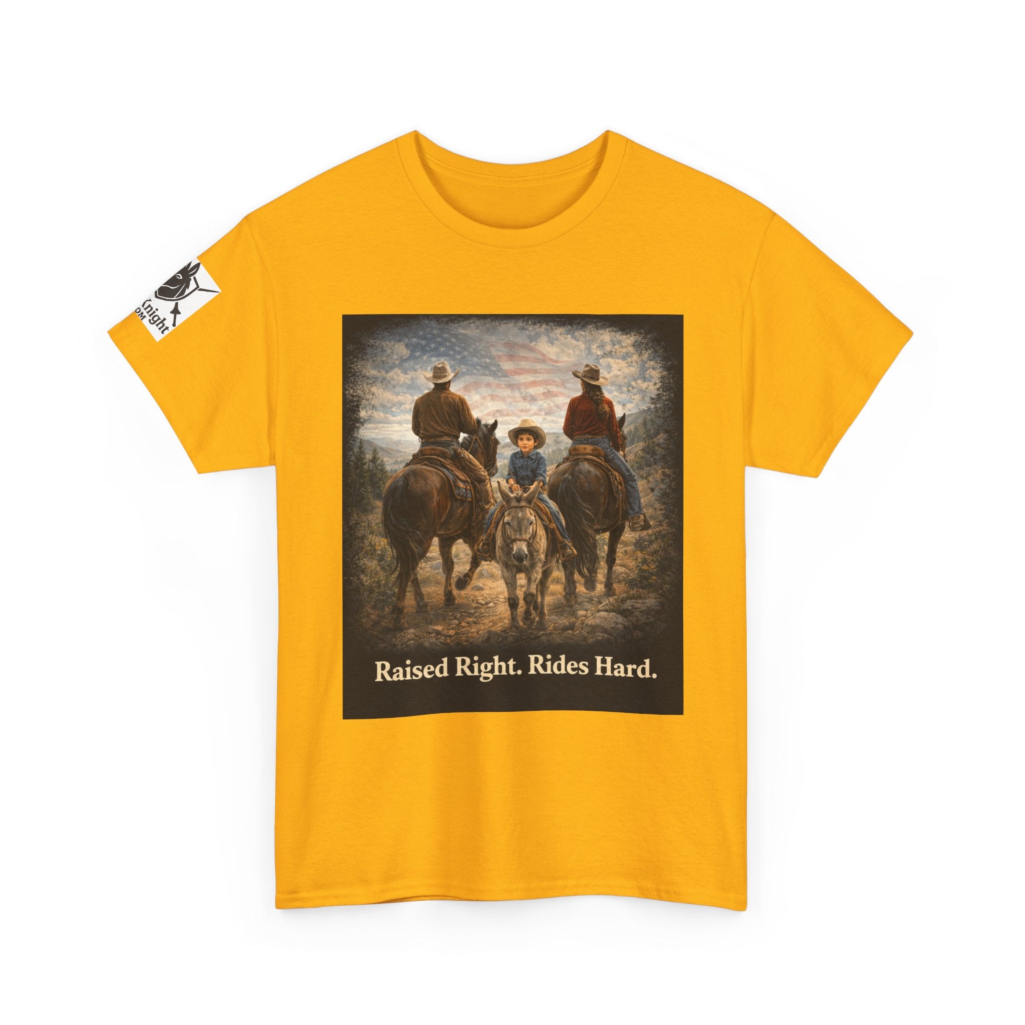 Raised Right Rides Hard USA Flag T-Shirt — Cowboy Landscape Graphic Tee