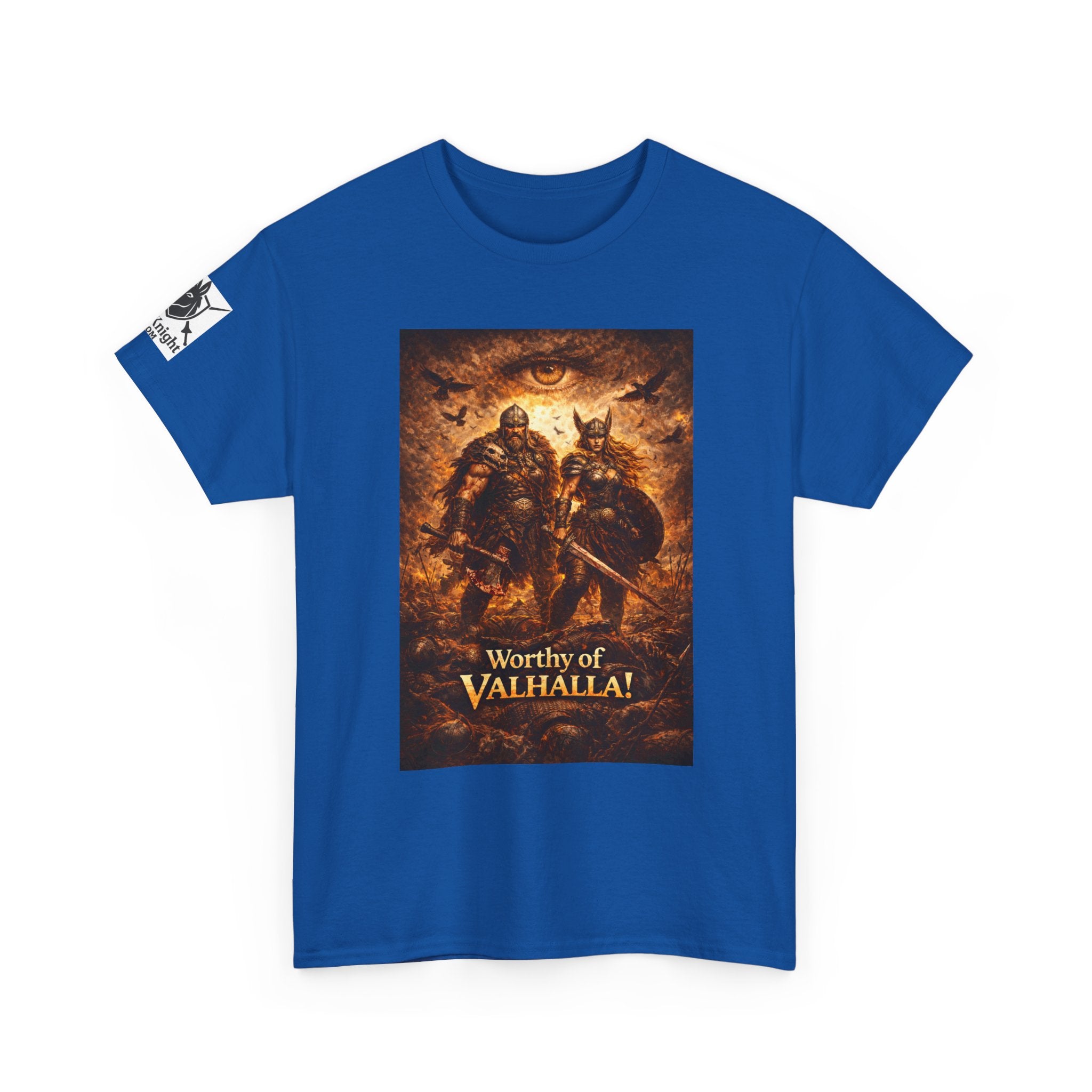Viking shirt - Viking man and woman on battlefield of ravens - Text of Worthy of Valhalla!   Viking tee