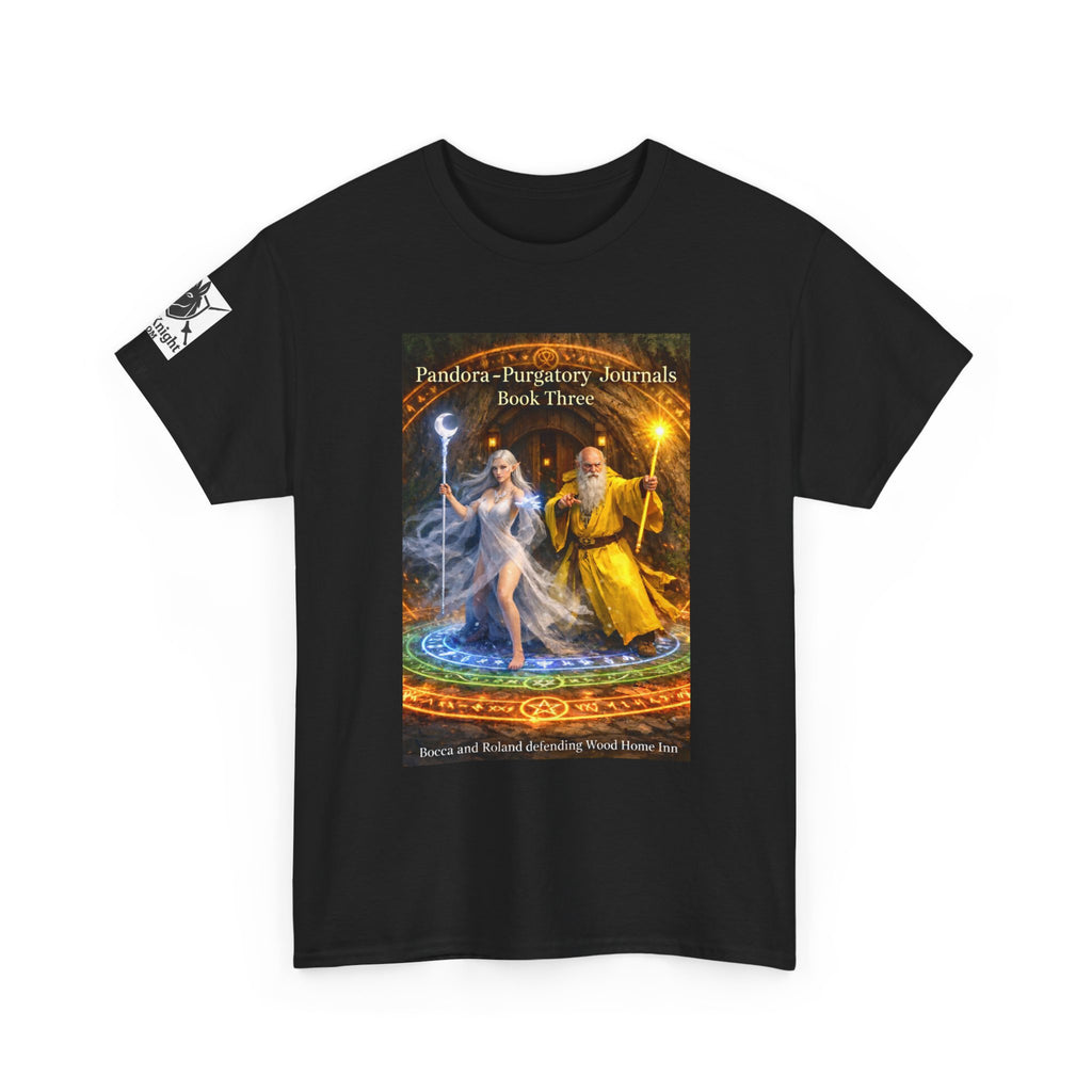 Pandora Bocca and Roland Defending Wood Home on Front - Pandora book cover on back -Purgatory Journals Book 3 -  Graphic Tee — Fantasy Novel tee