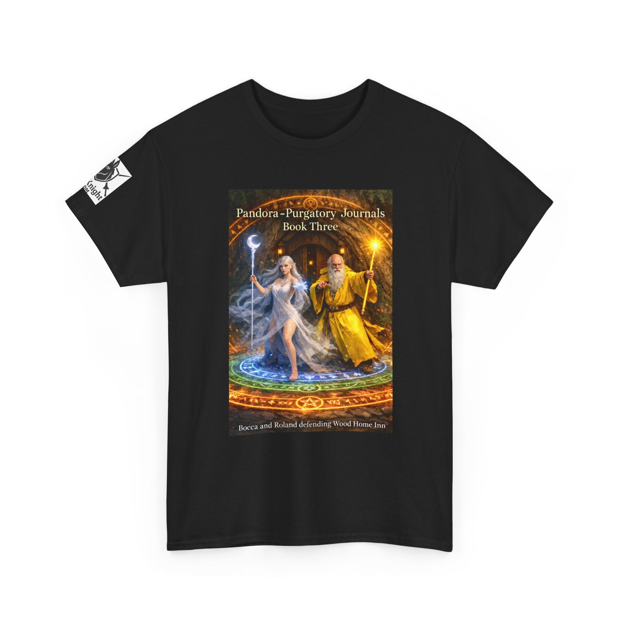 Pandora Bocca and Roland Defending Wood Home on Front - Pandora book cover on back -Purgatory Journals Book 3 -  Graphic Tee — Fantasy Novel tee