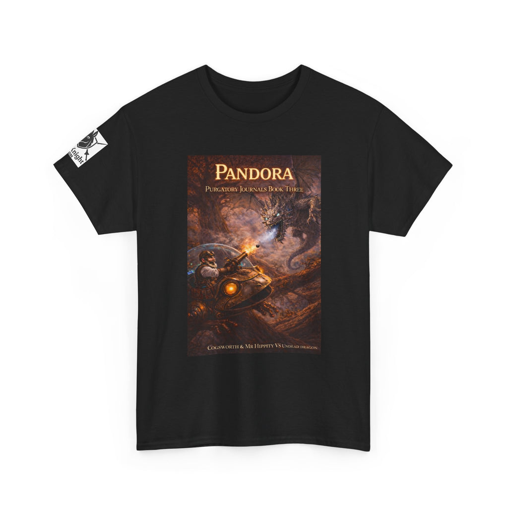 Pandora Cogsworth & Mr Hippty Vs Undead Dragon on Front - Pandora book cover on back -Purgatory Journals Book 3 -  Graphic Tee — Fantasy Novel tee