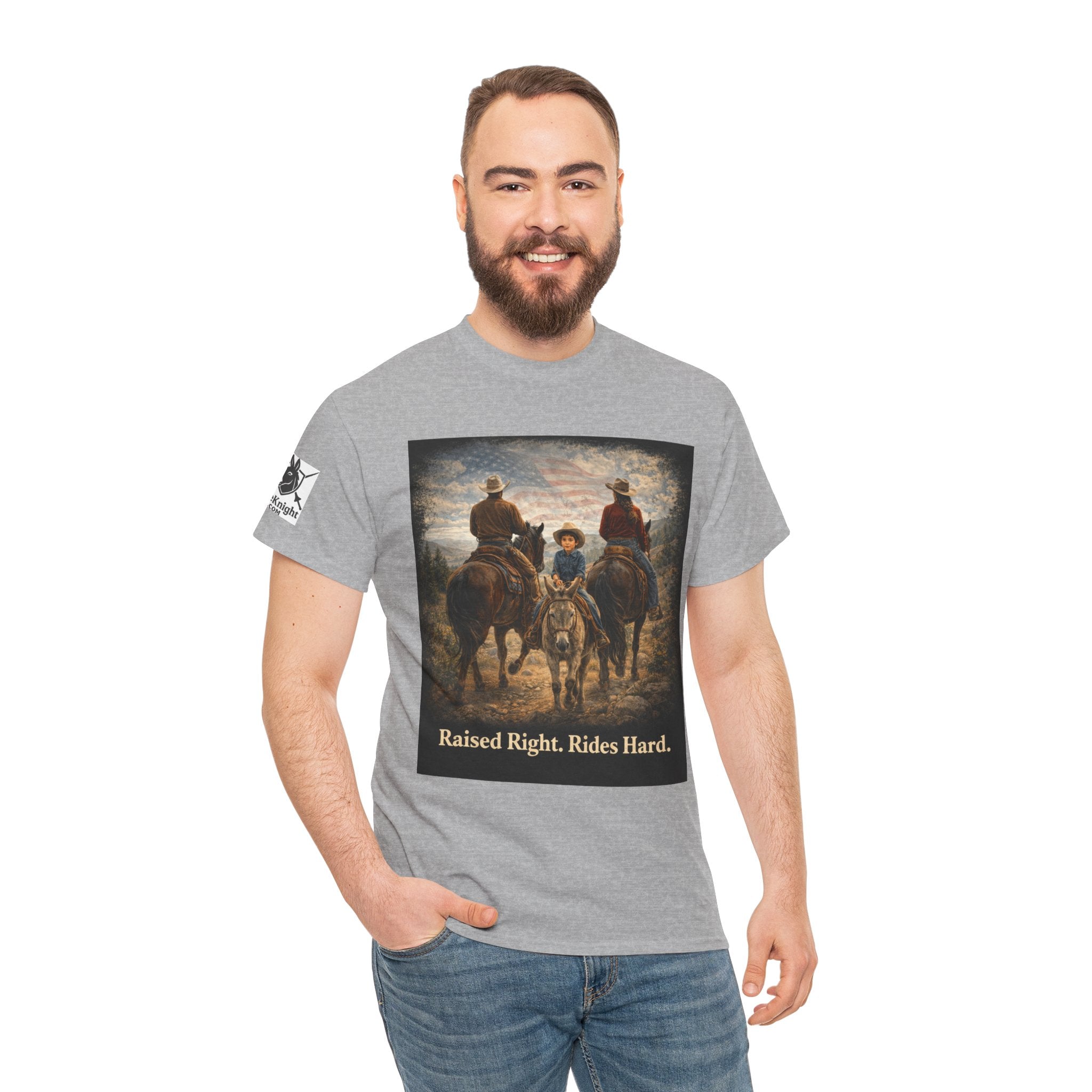 Raised Right Rides Hard USA Flag T-Shirt — Cowboy Landscape Graphic Tee