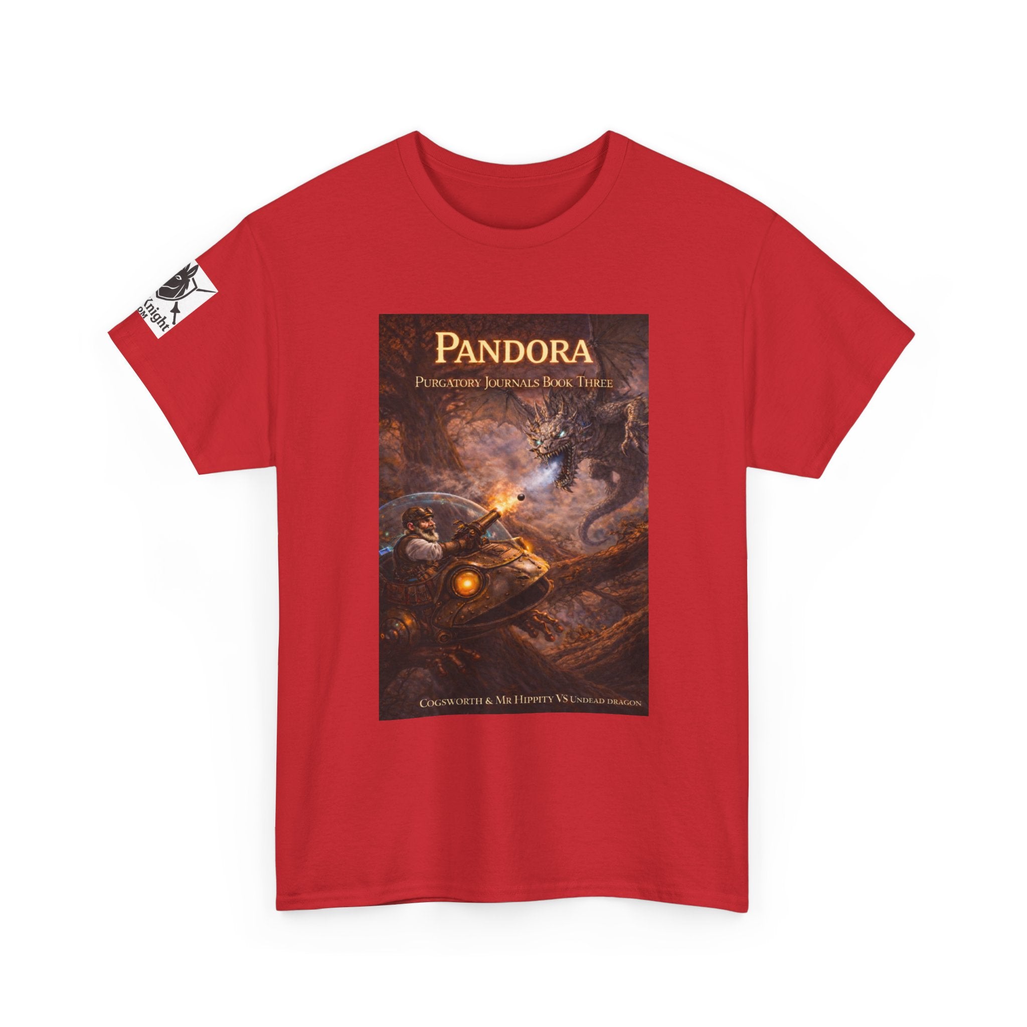 Pandora Cogsworth & Mr Hippty Vs Undead Dragon on Front - Pandora book cover on back -Purgatory Journals Book 3 -  Graphic Tee — Fantasy Novel tee