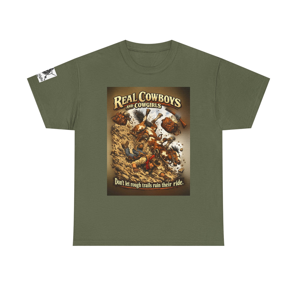 Cowboy Rodeo T‑Shirt — “Real Cowboys and Cowgirls - Dont let rough trails ruin thier ride.” Vintage Rodeo Graphic