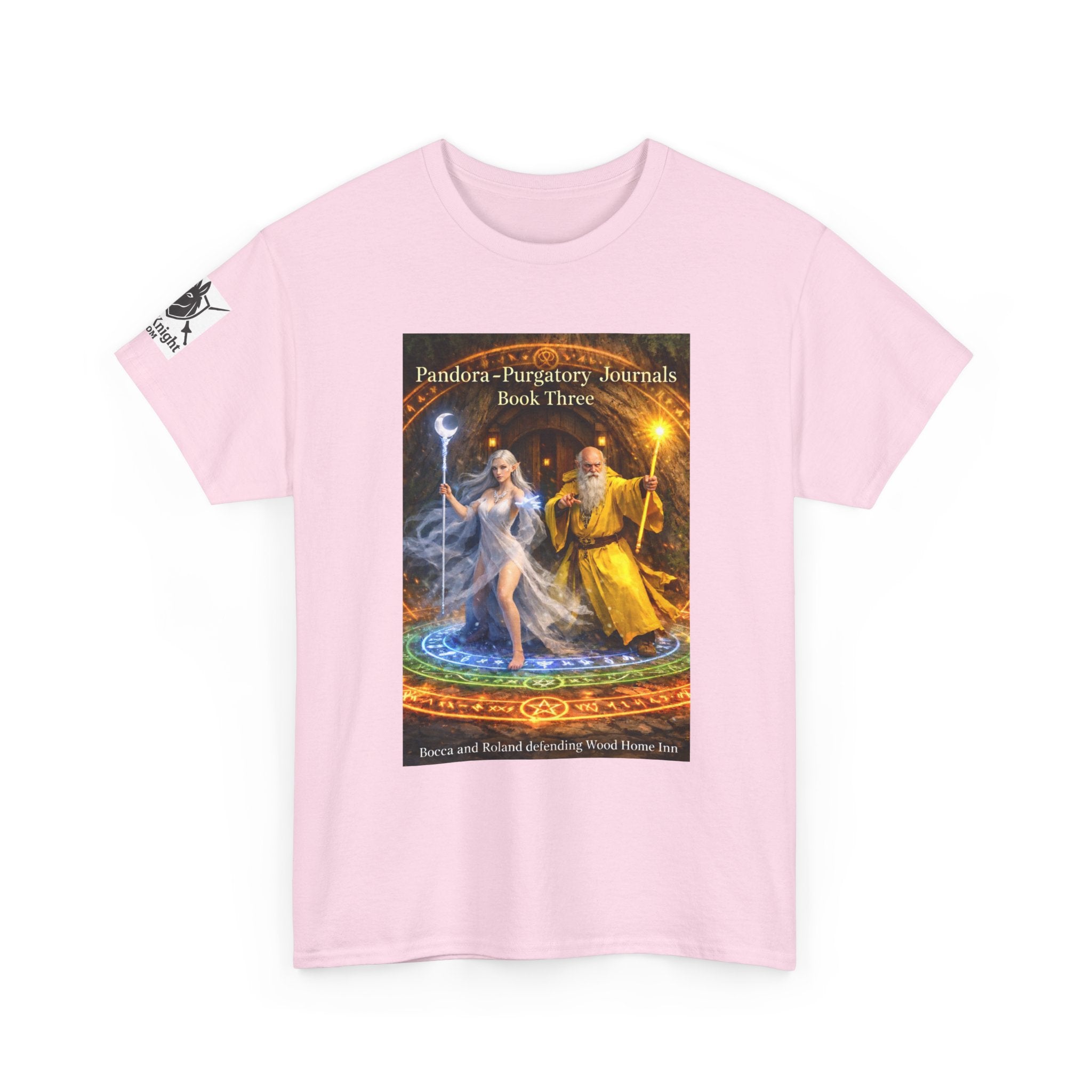 Pandora Bocca and Roland Defending Wood Home on Front - Pandora book cover on back -Purgatory Journals Book 3 -  Graphic Tee — Fantasy Novel tee