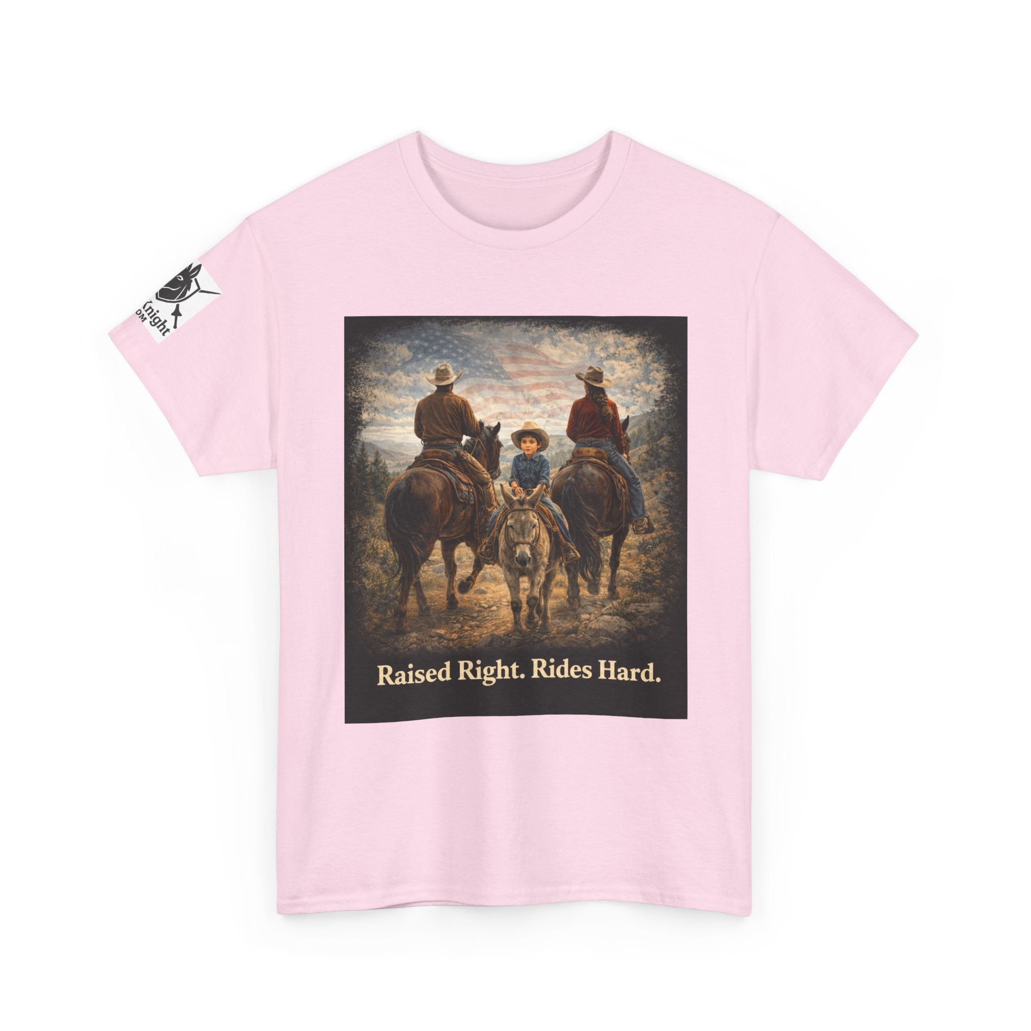 Raised Right Rides Hard USA Flag T-Shirt — Cowboy Landscape Graphic Tee