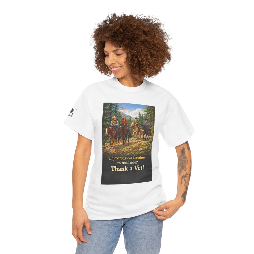 Horse trail Rider Retro Graphic Tee - "Enjoying your freedom to trail ride?  Thank a Vet!"
