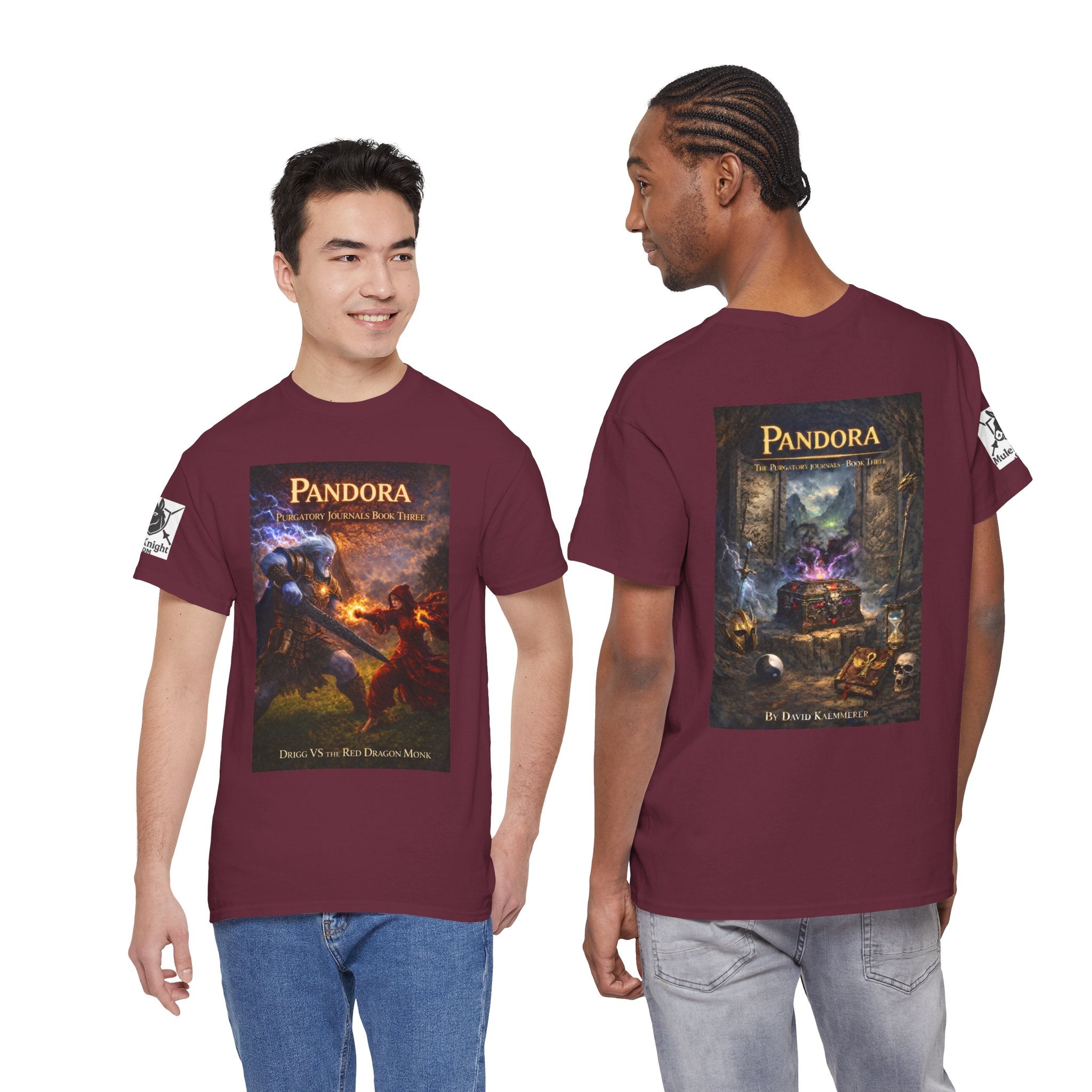 Pandora Drigg Vs Red Dragon Monk on Front - Pandora book cover on back -Purgatory Journals Book 3 -  Graphic Tee — Fantasy Novel tee