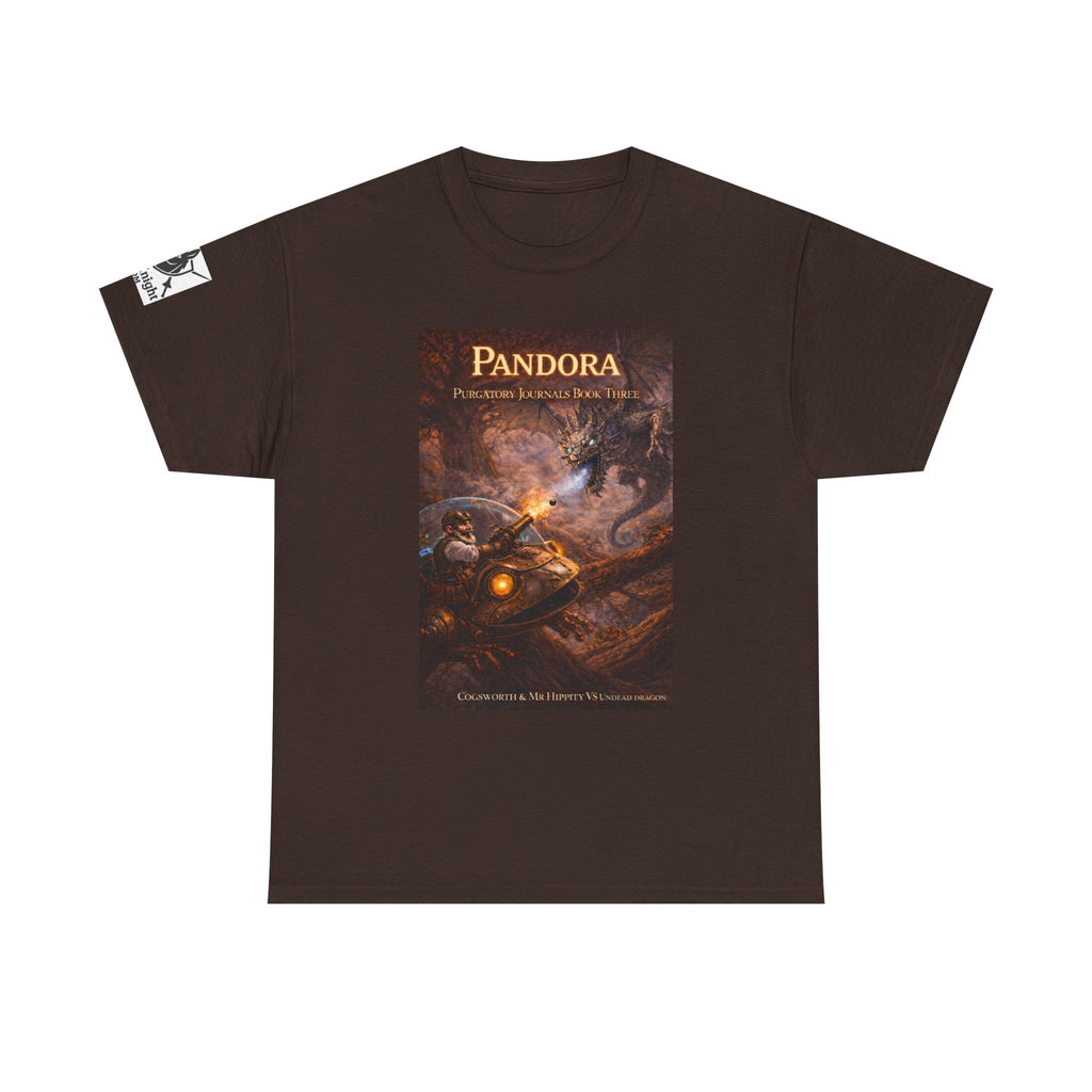 Pandora Cogsworth & Mr Hippty Vs Undead Dragon on Front - Pandora book cover on back -Purgatory Journals Book 3 -  Graphic Tee — Fantasy Novel tee