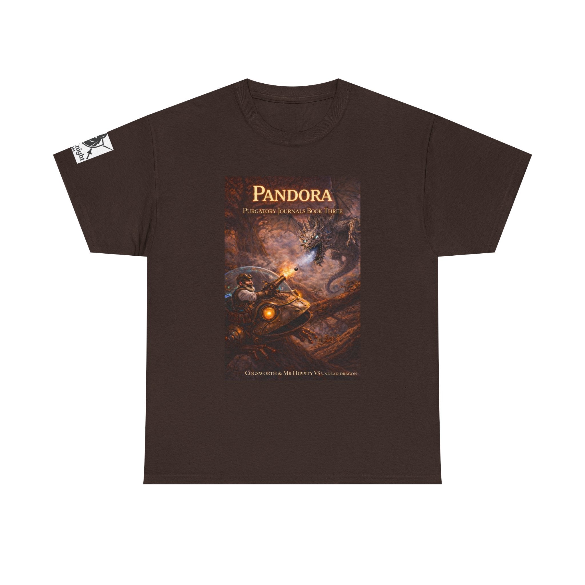 Pandora Cogsworth & Mr Hippty Vs Undead Dragon on Front - Pandora book cover on back -Purgatory Journals Book 3 -  Graphic Tee — Fantasy Novel tee
