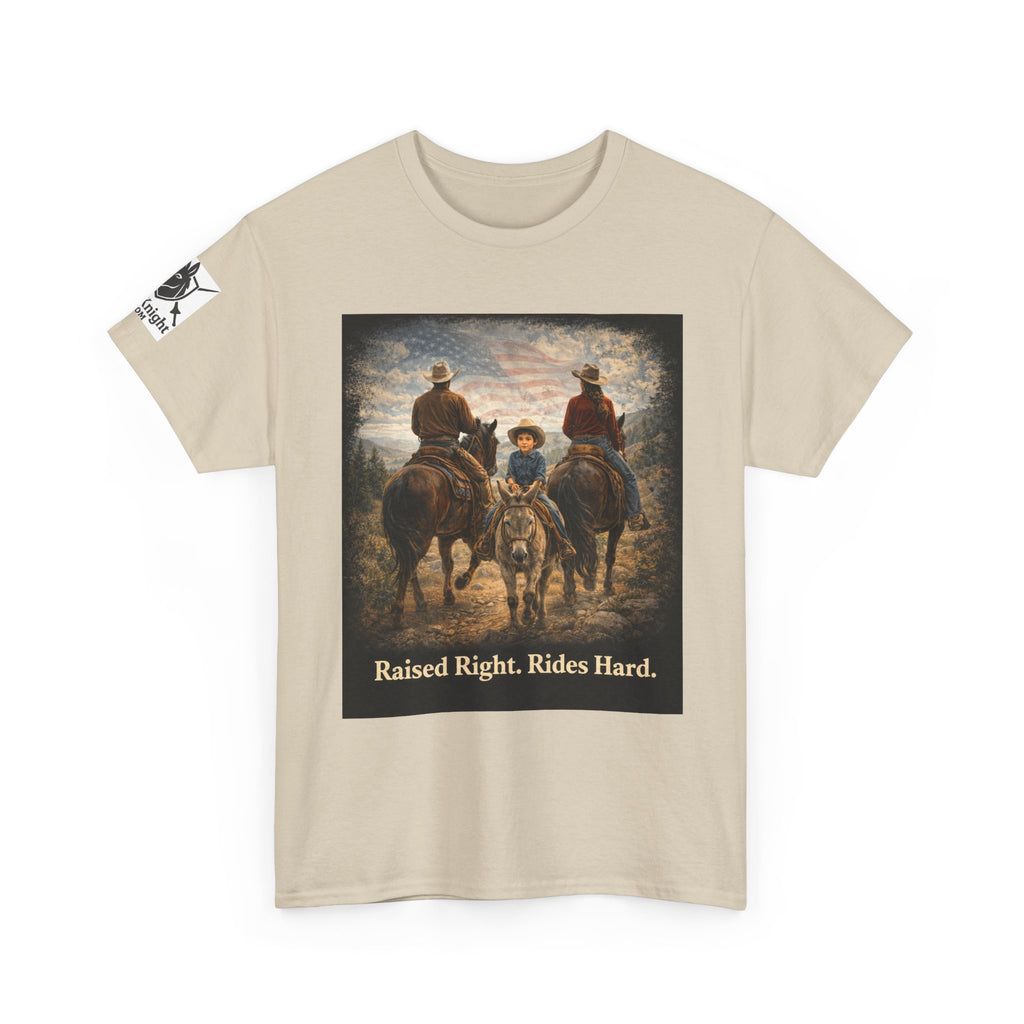 Raised Right Rides Hard USA Flag T-Shirt — Cowboy Landscape Graphic Tee
