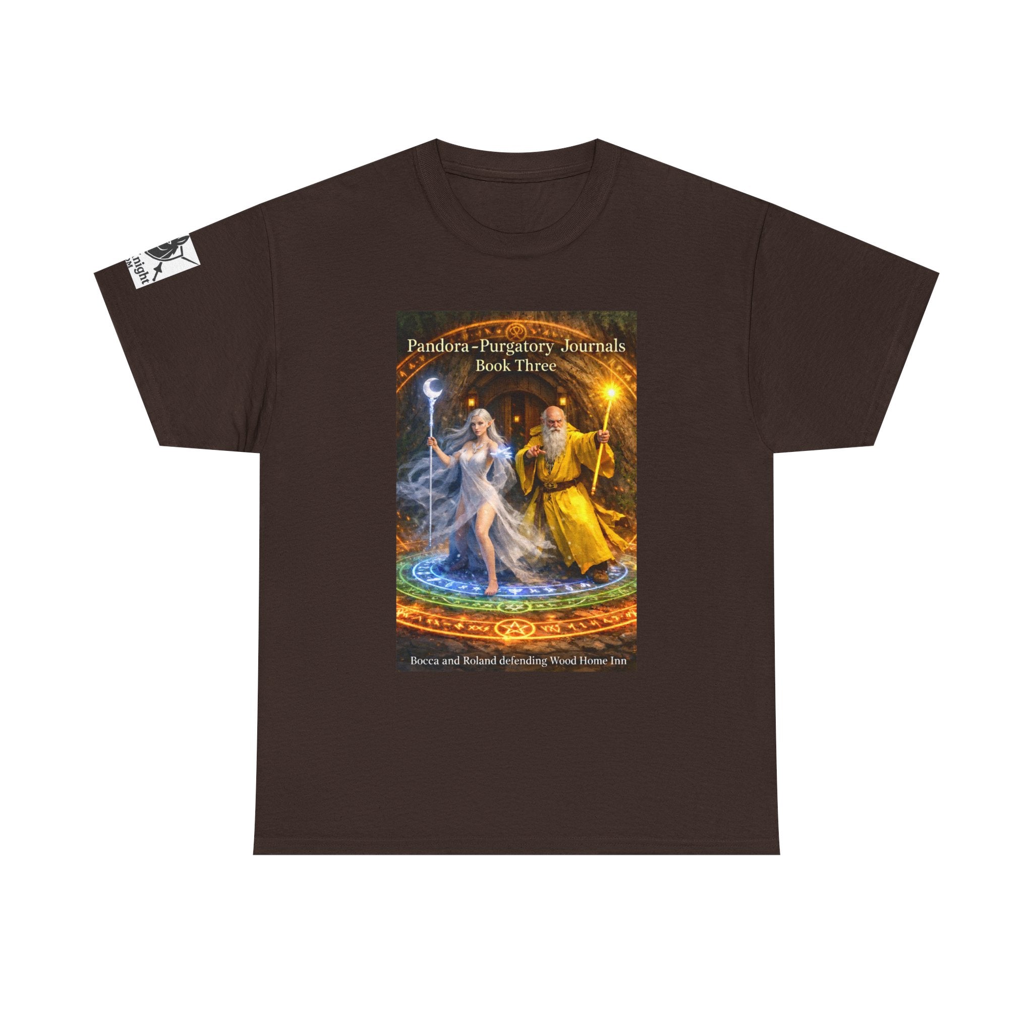 Pandora Bocca and Roland Defending Wood Home on Front - Pandora book cover on back -Purgatory Journals Book 3 -  Graphic Tee — Fantasy Novel tee